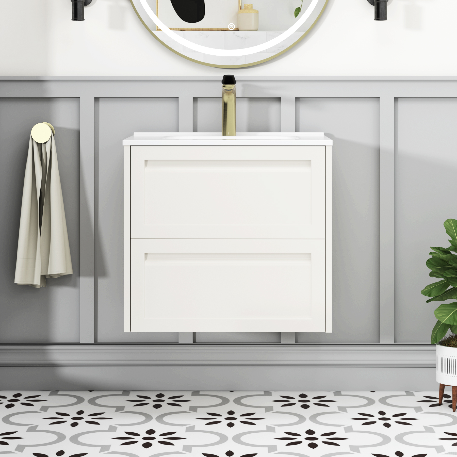 Elmore Classic White Traditional 2 Drawer Wall Hung Vanity Unit with Ceramic Basin