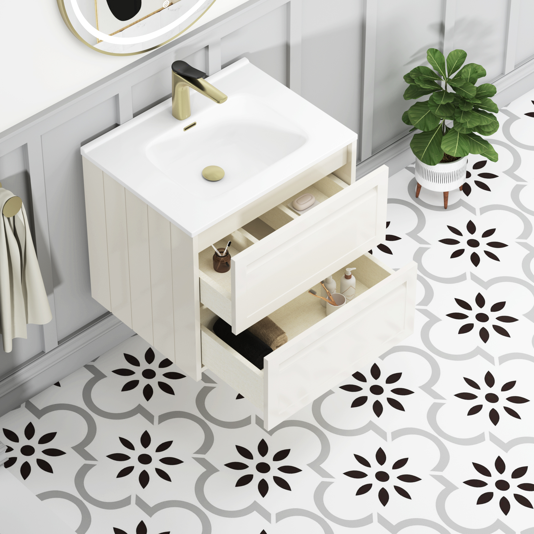Elmore Classic White Traditional 2 Drawer Wall Hung Vanity Unit with Ceramic Basin