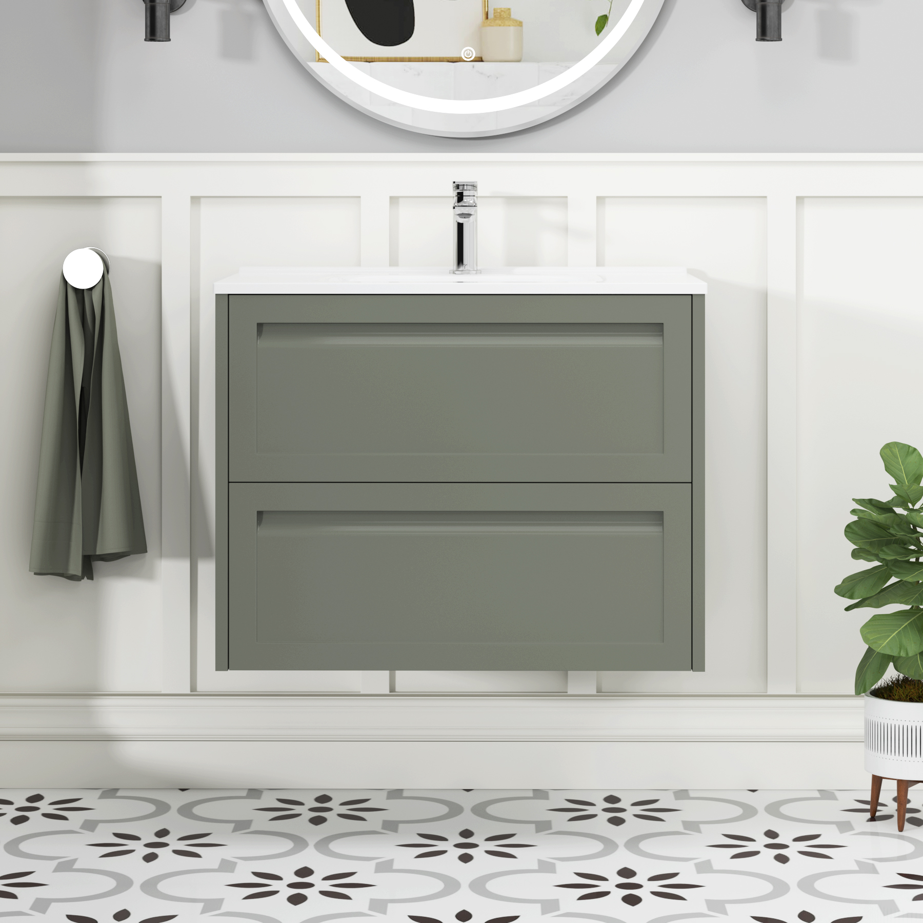 Elmore Matt Green Traditional 2 Drawer Wall Hung Vanity Unit with Ceramic Basin