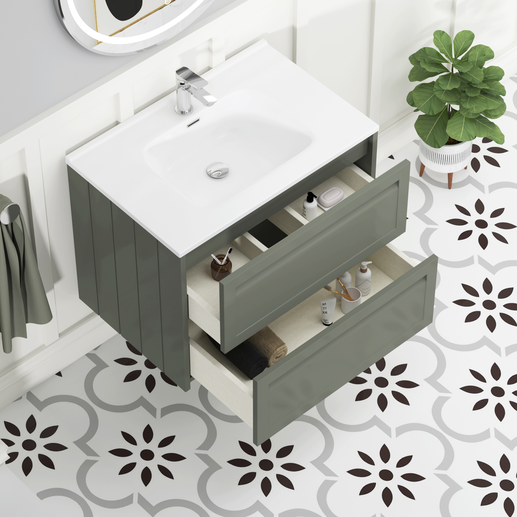 Elmore Matt Green Traditional 2 Drawer Wall Hung Vanity Unit with Ceramic Basin