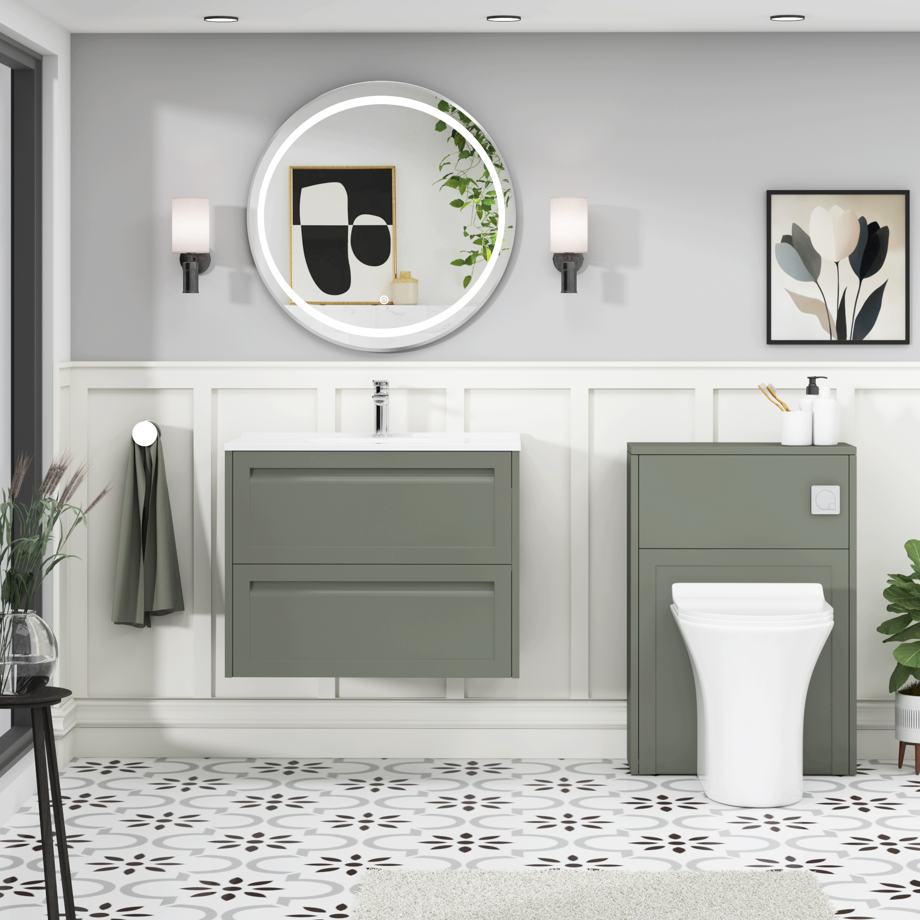 Elmore Matt Green Traditional 2 Drawer Wall Hung Vanity Unit with Ceramic Basin
