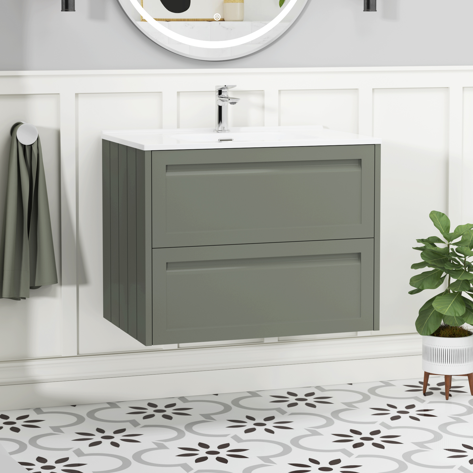 Elmore 700mm Traditional Wall Hung 2 Drawer Vanity Unit with Ceramic Basin - Matt Green