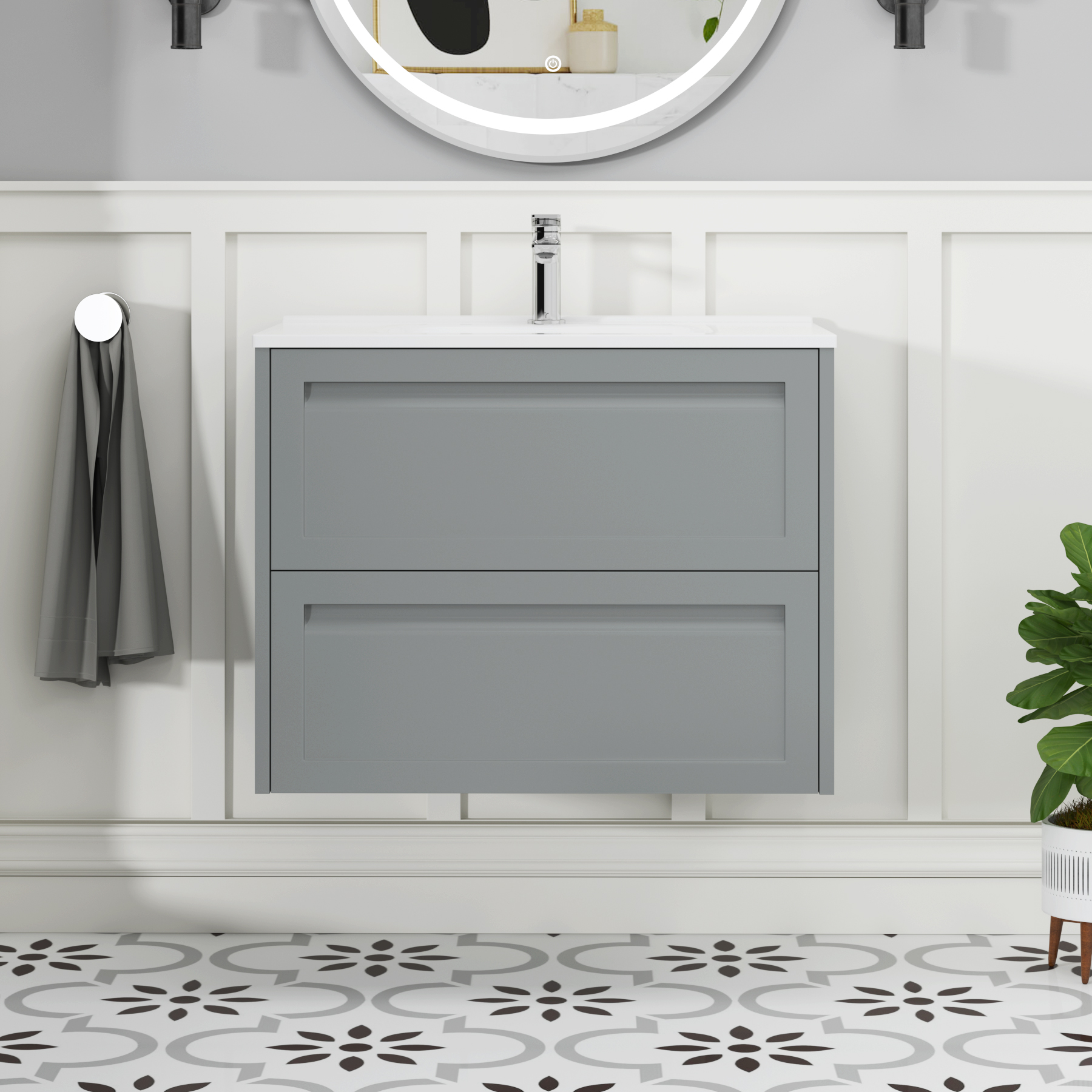 Elmore Matt Pebble Grey Traditional 2 Drawer Wall Hung Vanity Unit with Ceramic Basin