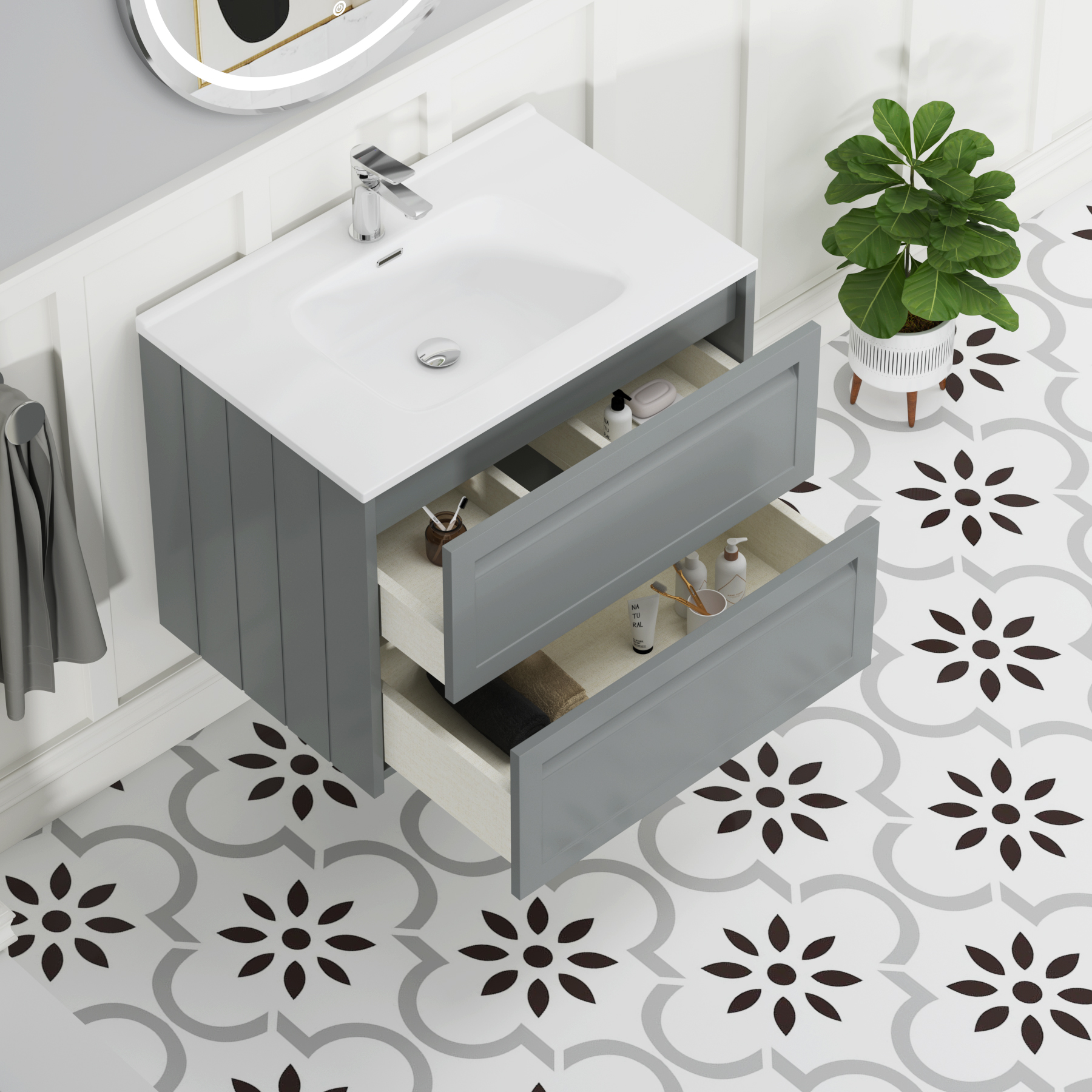 Elmore Matt Pebble Grey Traditional 2 Drawer Wall Hung Vanity Unit with Ceramic Basin