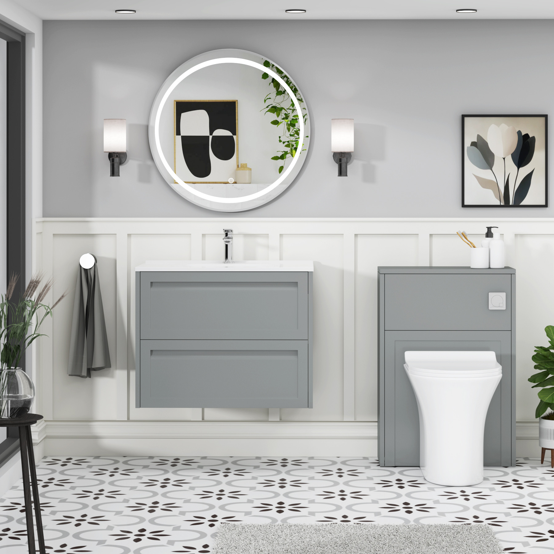 Elmore Matt Pebble Grey Traditional 2 Drawer Wall Hung Vanity Unit with Ceramic Basin