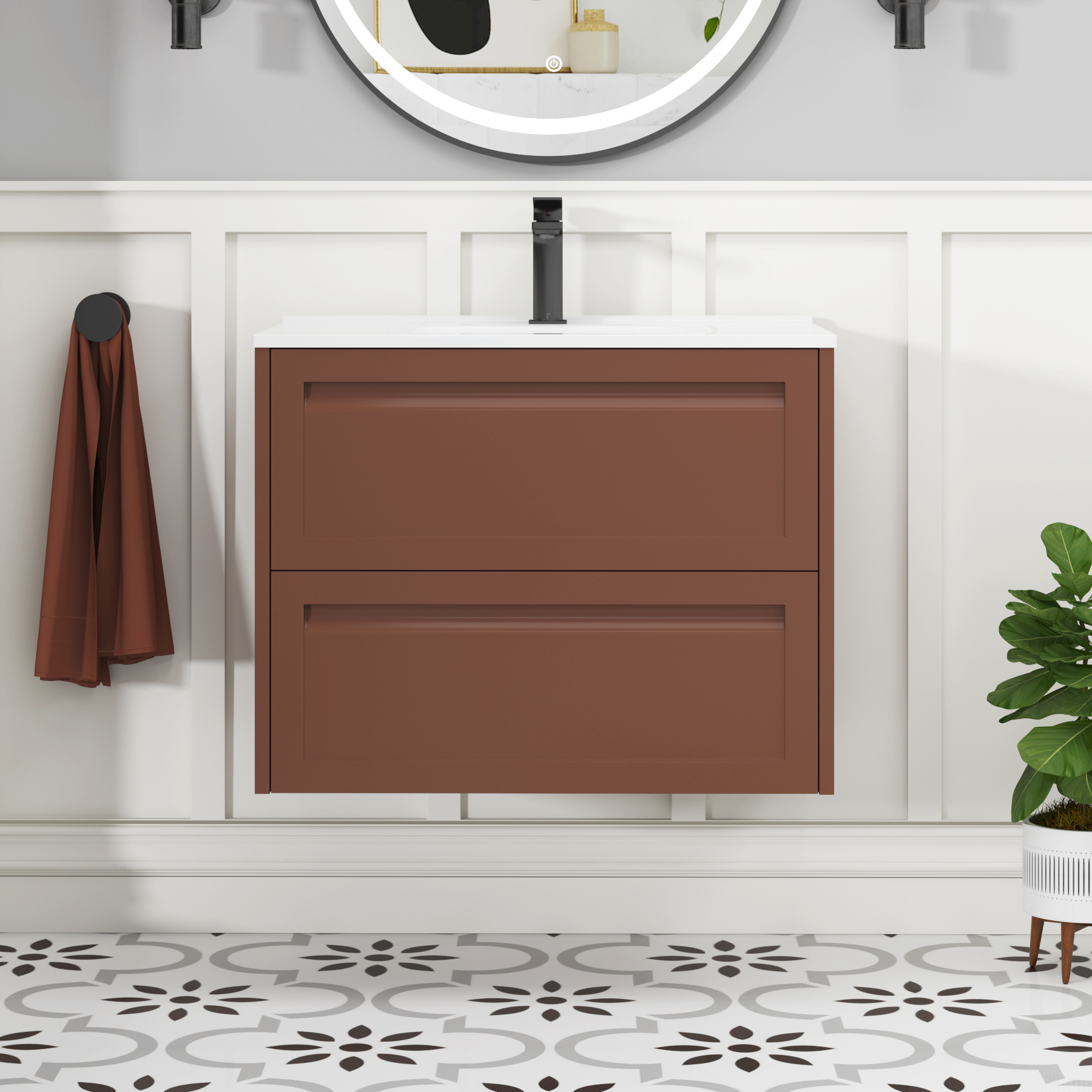 Elmore Terracotta Clay Traditional 2 Drawer Wall Hung Vanity Unit with Ceramic Basin