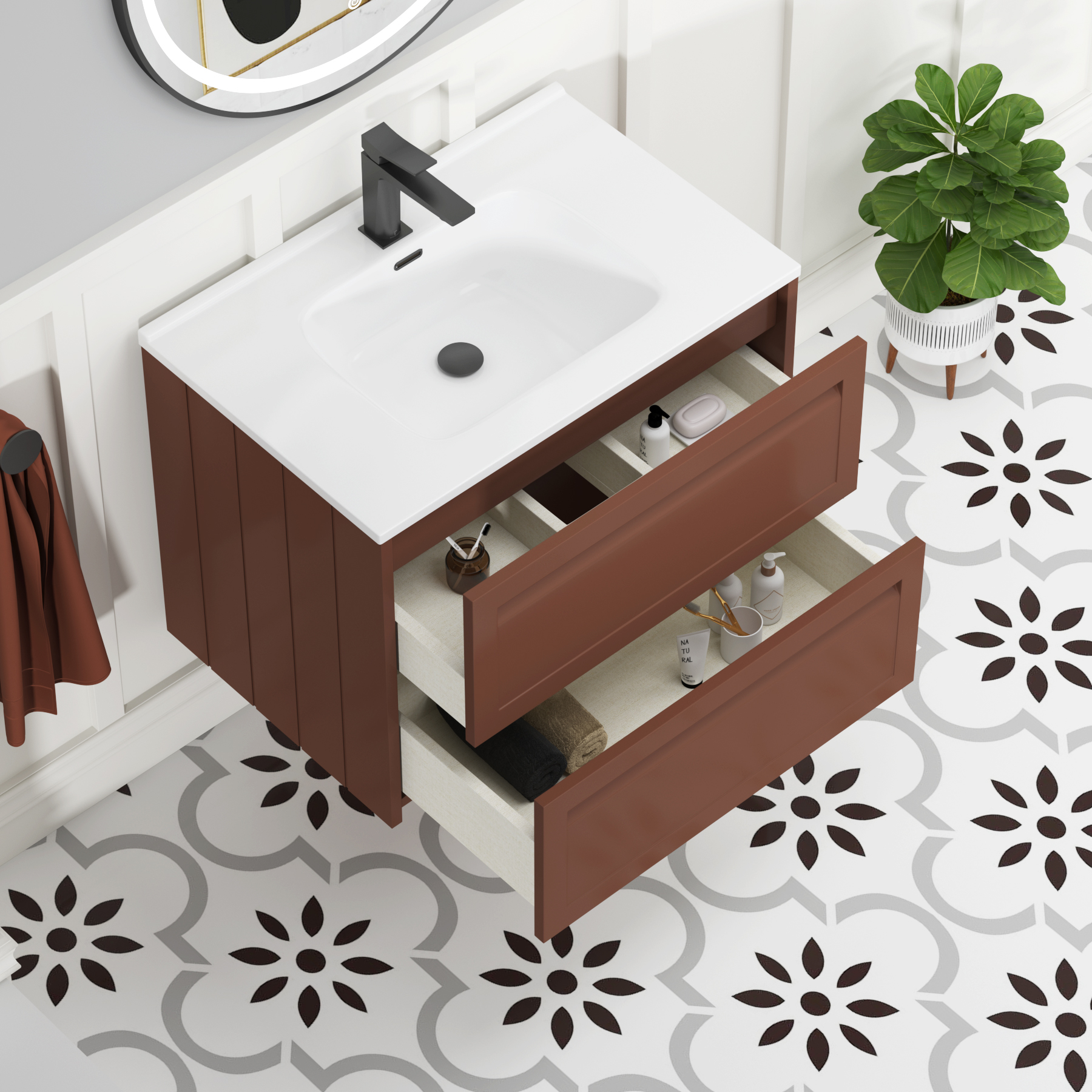 Elmore Terracotta Clay Traditional 2 Drawer Wall Hung Vanity Unit with Ceramic Basin