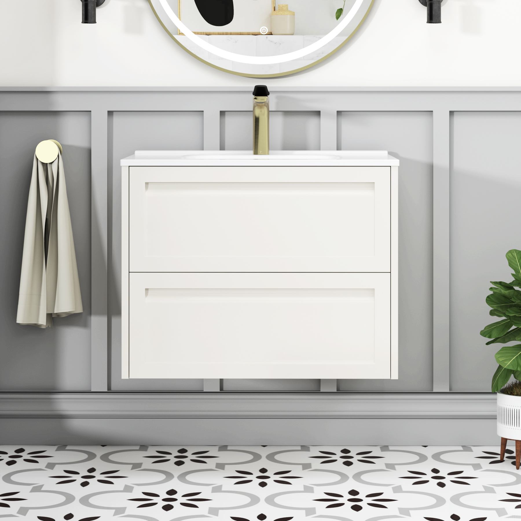Elmore Classic White Traditional 2 Drawer Wall Hung Vanity Unit with Ceramic Basin
