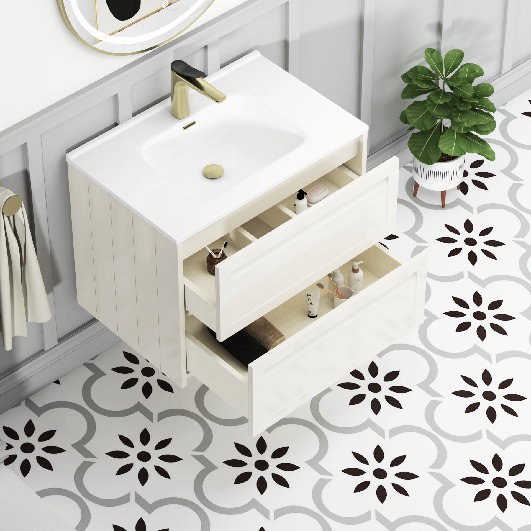 Elmore Classic White Traditional 2 Drawer Wall Hung Vanity Unit with Ceramic Basin
