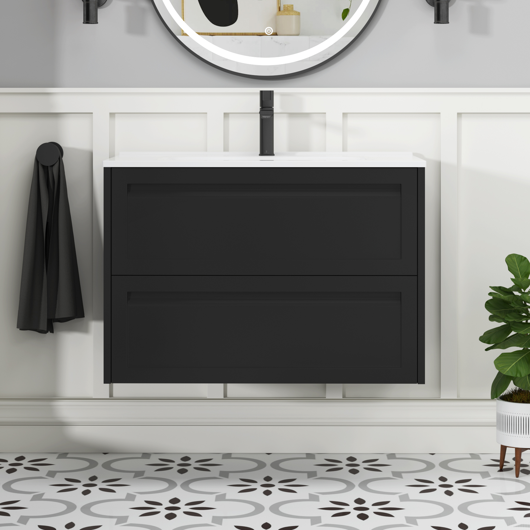 Elmore Matt Nocturne Black Traditional 2 Drawer Wall Hung Vanity Unit with Ceramic Basin