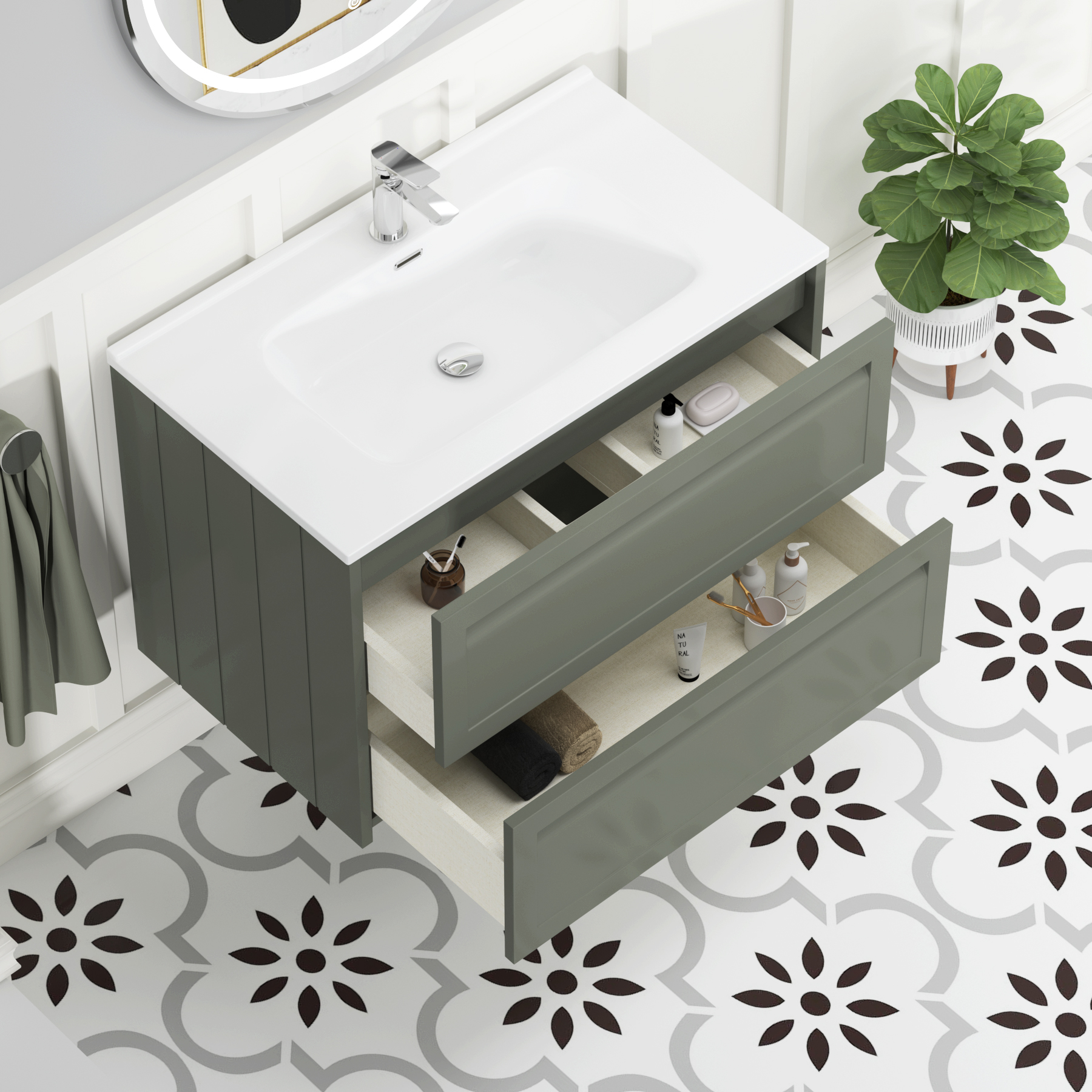 Elmore Matt Green Traditional 2 Drawer Wall Hung Vanity Unit with Ceramic Basin