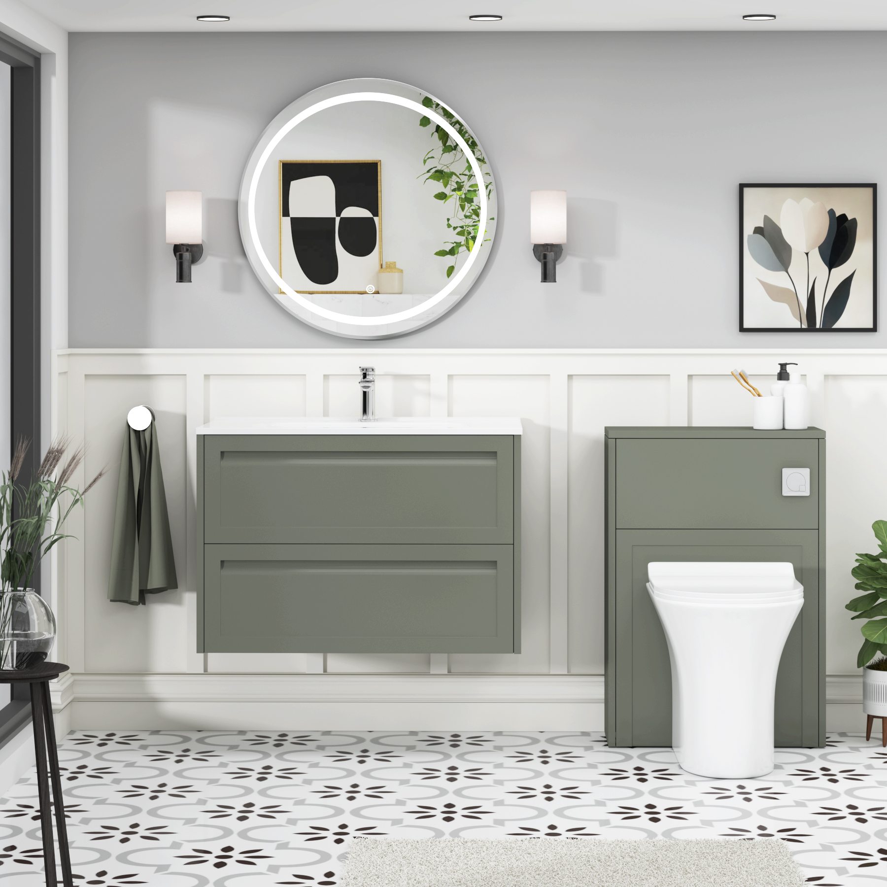 Elmore Matt Green Traditional 2 Drawer Wall Hung Vanity Unit with Ceramic Basin