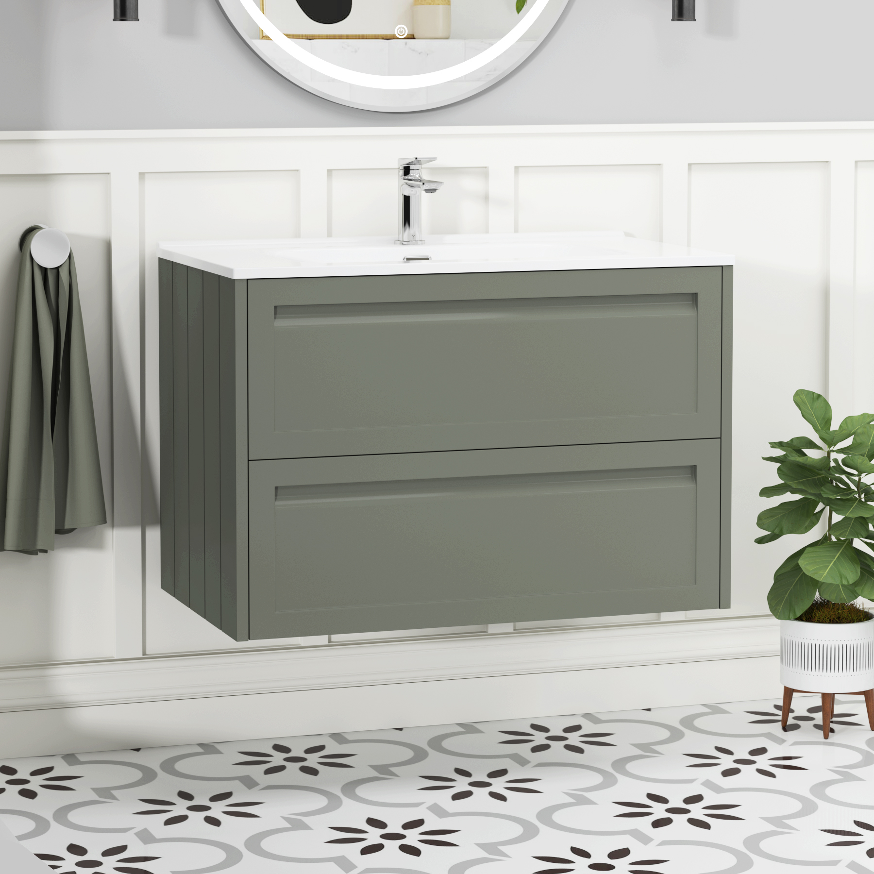 Elmore 800mm Traditional Wall Hung 2 Drawer Vanity Unit with Ceramic Basin - Matt Green