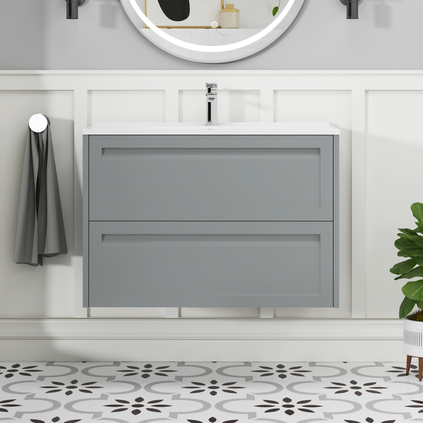 Elmore Matt Pebble Grey Traditional 2 Drawer Wall Hung Vanity Unit with Ceramic Basin