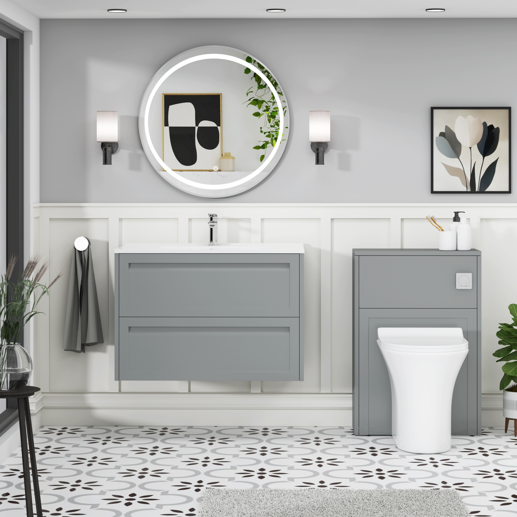 Elmore Matt Pebble Grey Traditional 2 Drawer Wall Hung Vanity Unit with Ceramic Basin