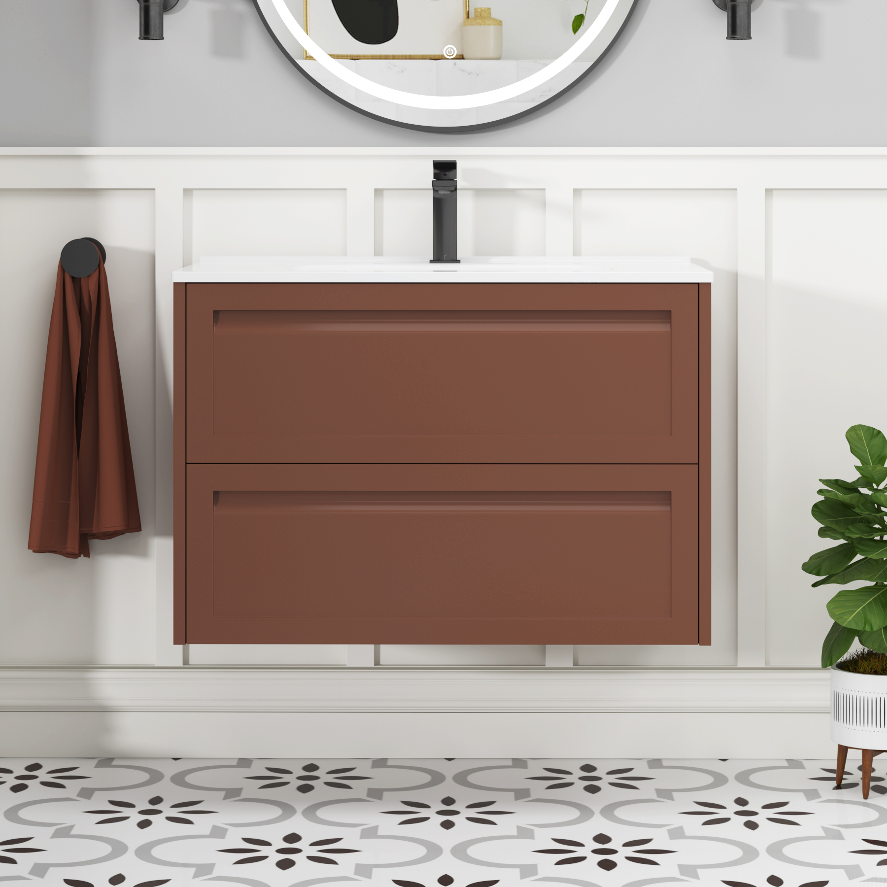 Elmore Terracotta Clay Traditional 2 Drawer Wall Hung Vanity Unit with Ceramic Basin
