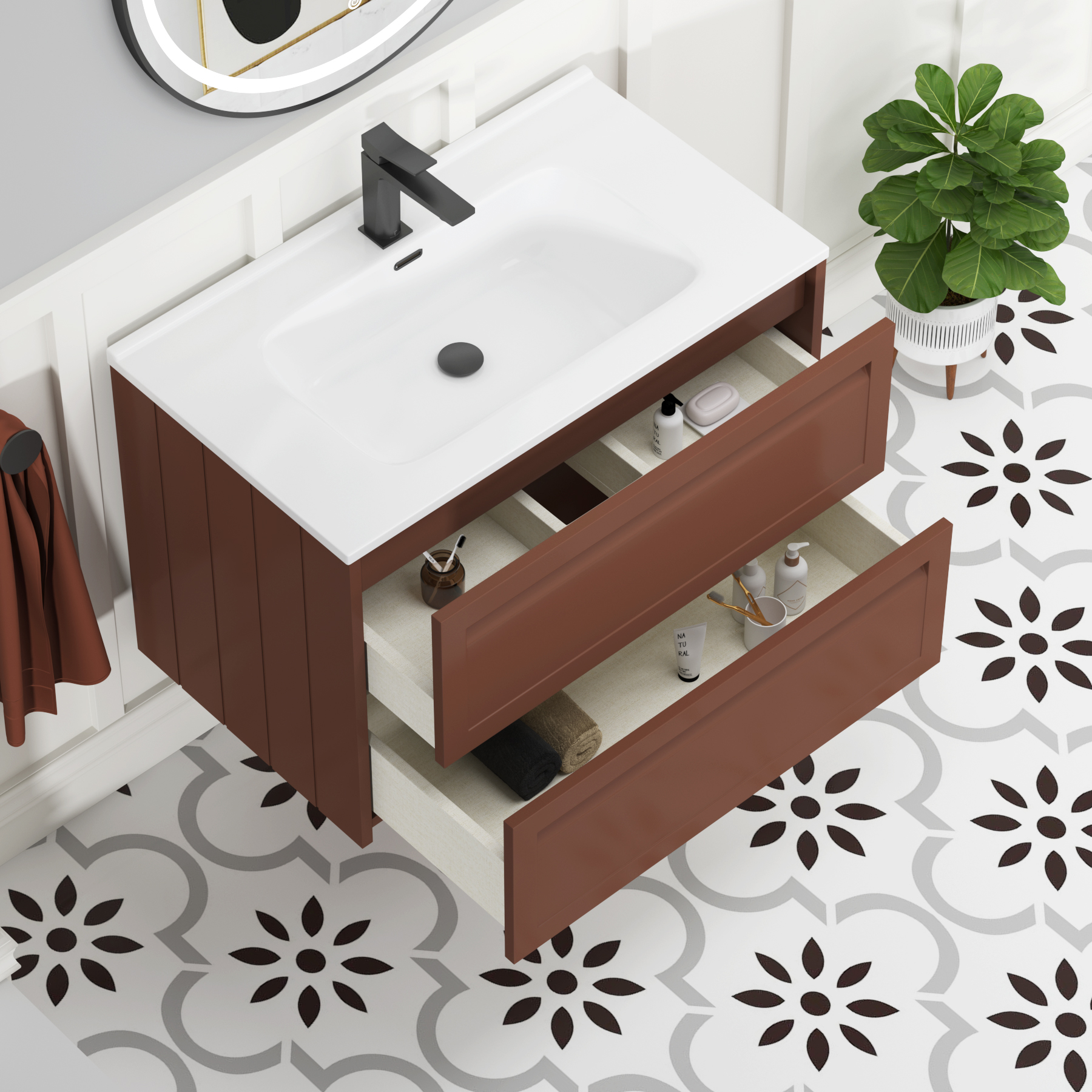 Elmore Terracotta Clay Traditional 2 Drawer Wall Hung Vanity Unit with Ceramic Basin