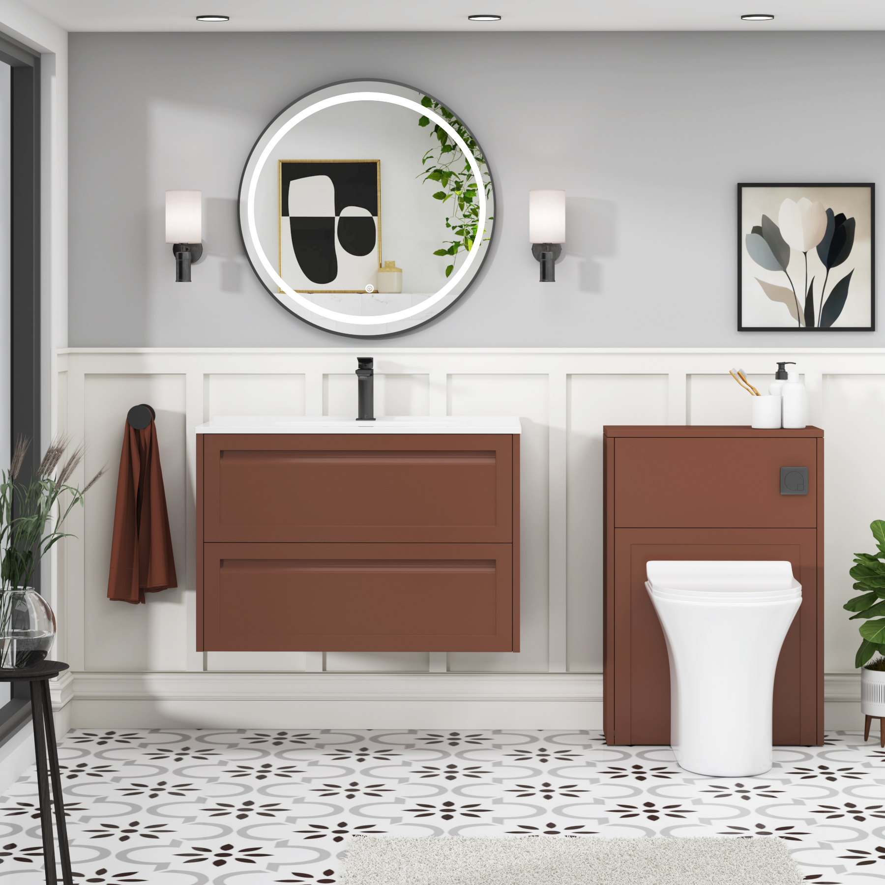 Elmore Terracotta Clay Traditional 2 Drawer Wall Hung Vanity Unit with Ceramic Basin