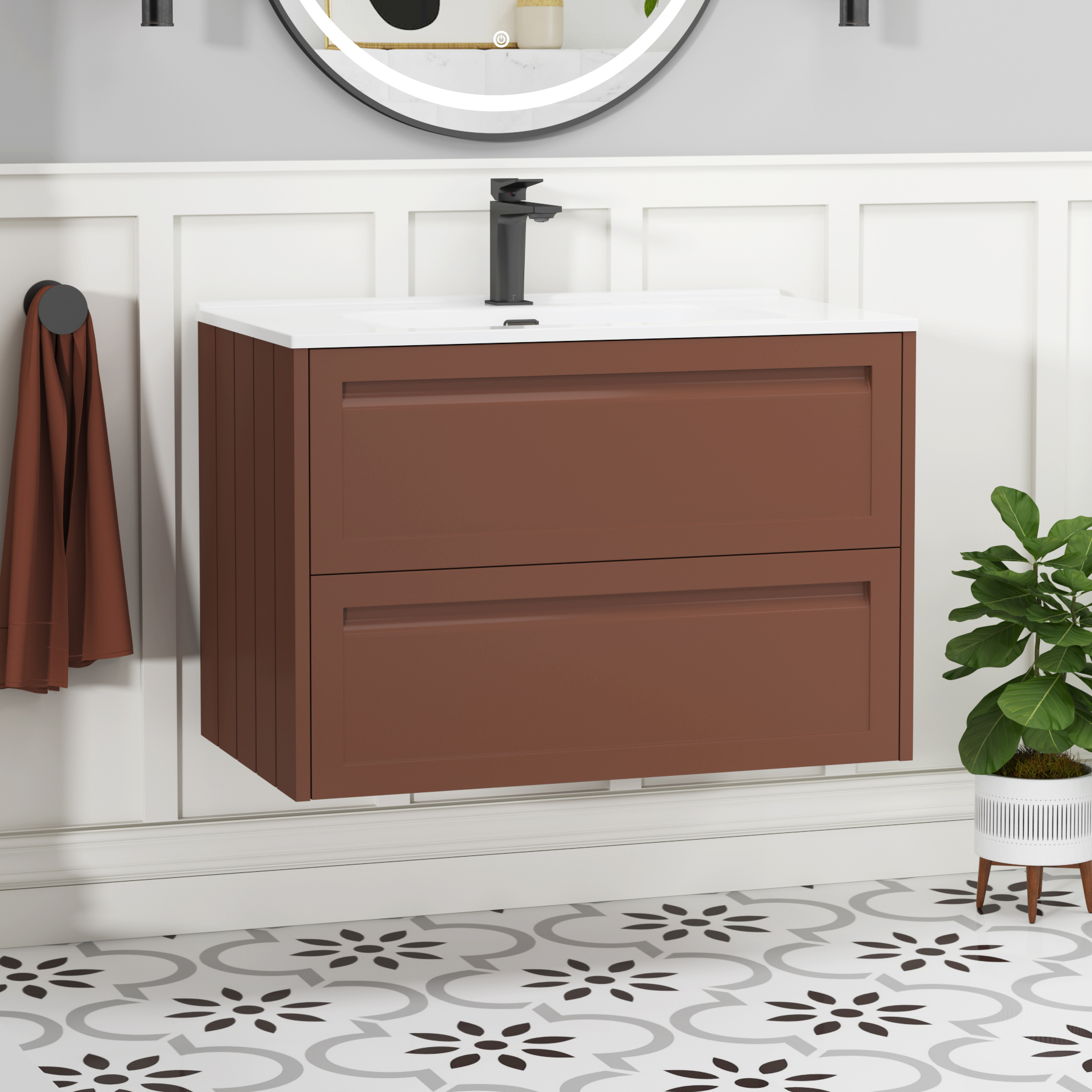 Elmore 800mm Traditional Wall Hung 2 Drawer Vanity Unit with Ceramic Basin - Terracotta Clay