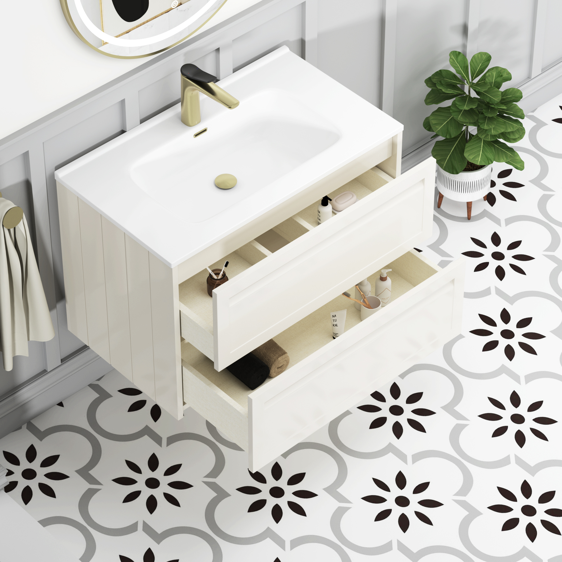 Elmore Classic White Traditional 2 Drawer Wall Hung Vanity Unit with Ceramic Basin