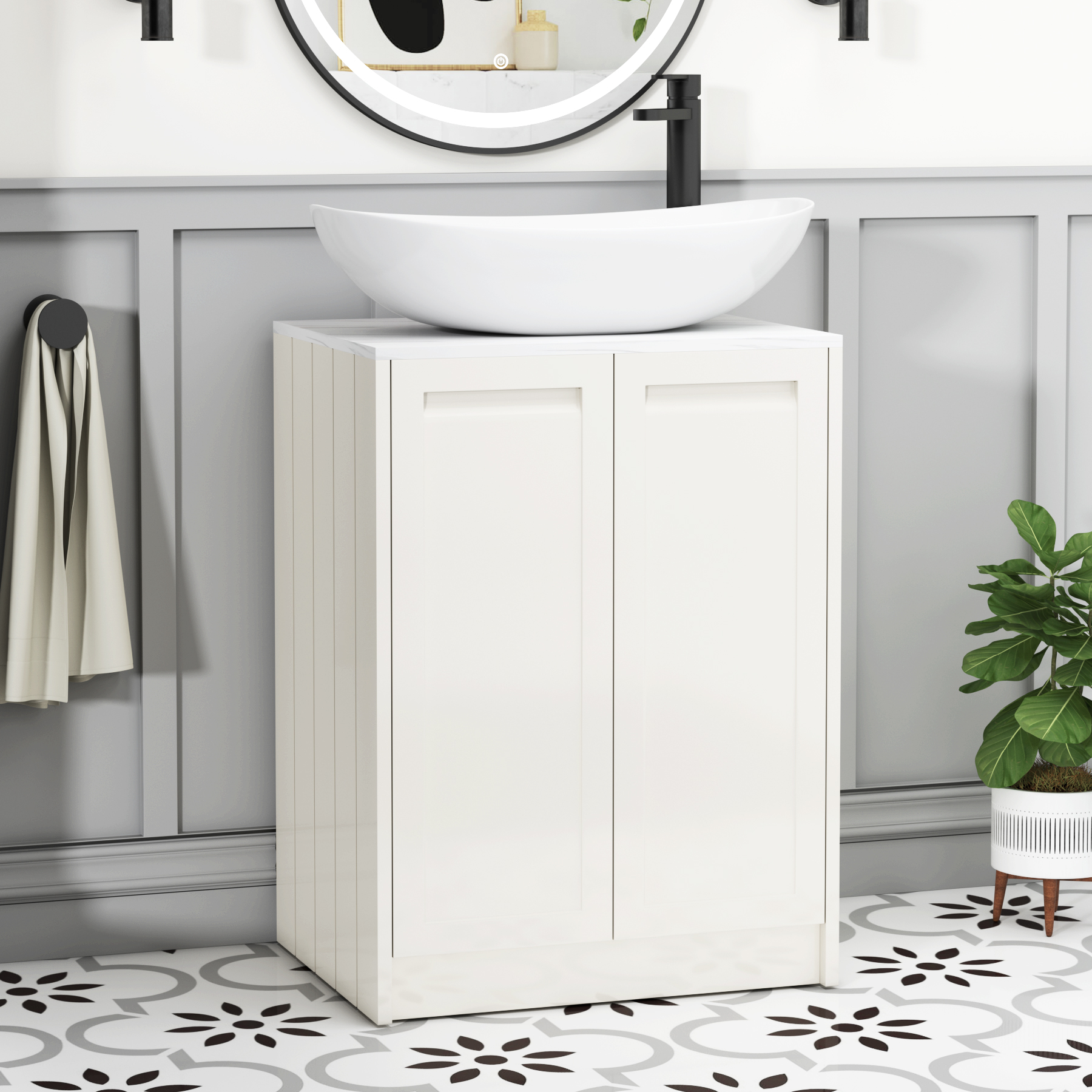 Elmore Classic White 2 Door Floor Standing Vanity Unit with Carrara White Worktop & Various Countertop Basins