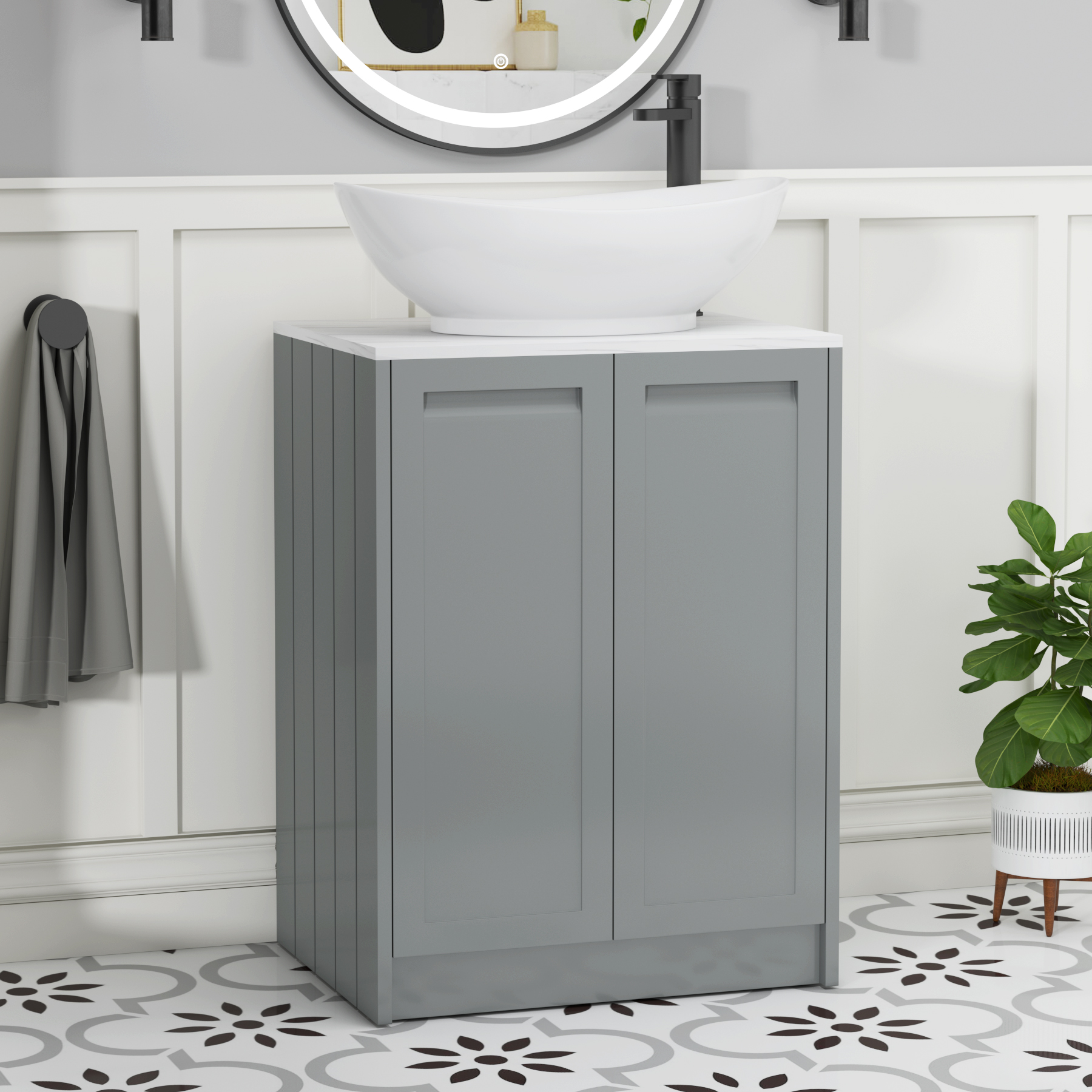 Elmore Matt Pebble Grey 2 Door Floor Standing Vanity Unit with Carrara White Worktop & Various Countertop Basins