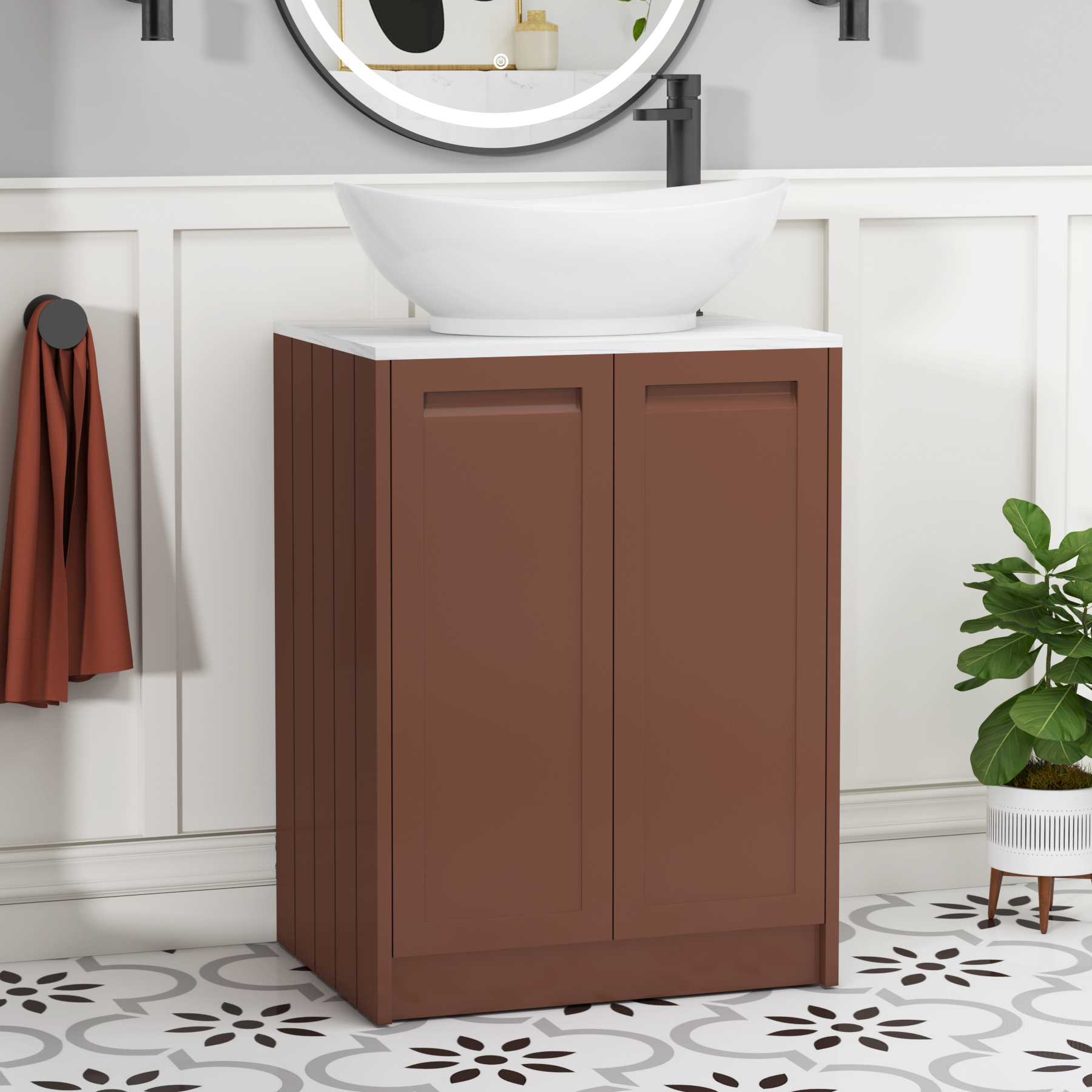 Elmore Terracotta Clay 2 Door Floor Standing Vanity Unit with Carrara White Worktop & Various Countertop Basins