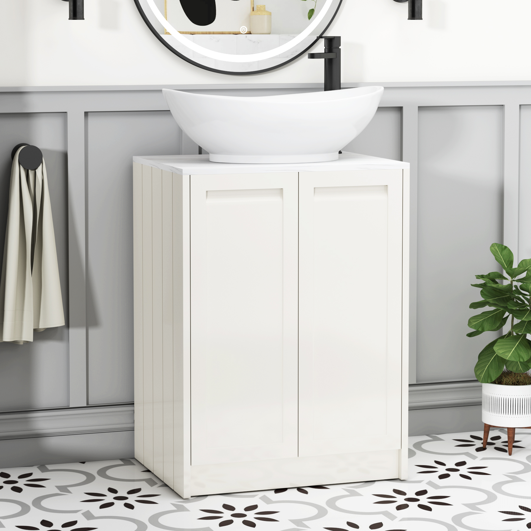 Elmore Classic White 2 Door Floor Standing Vanity Unit with Carrara White Worktop & Various Countertop Basins