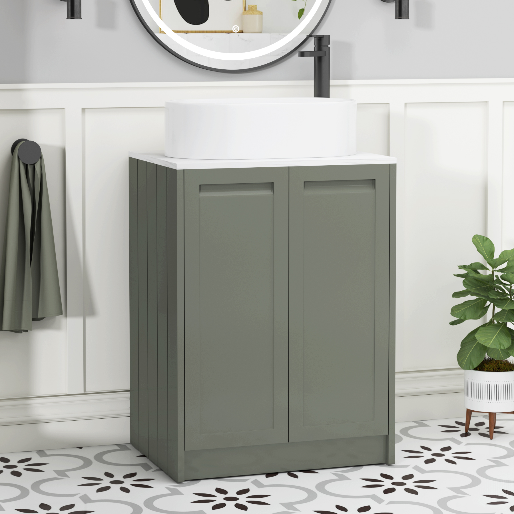 Elmore Matt Green 2 Door Floor Standing Vanity Unit with Carrara White Worktop & Various Countertop Basins