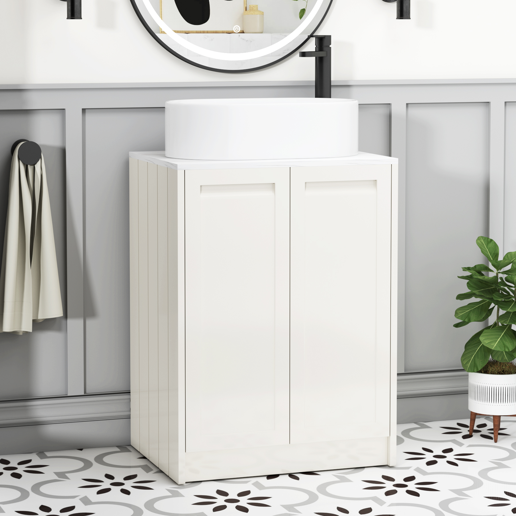 Elmore Classic White 2 Door Floor Standing Vanity Unit with Carrara White Worktop & Various Countertop Basins