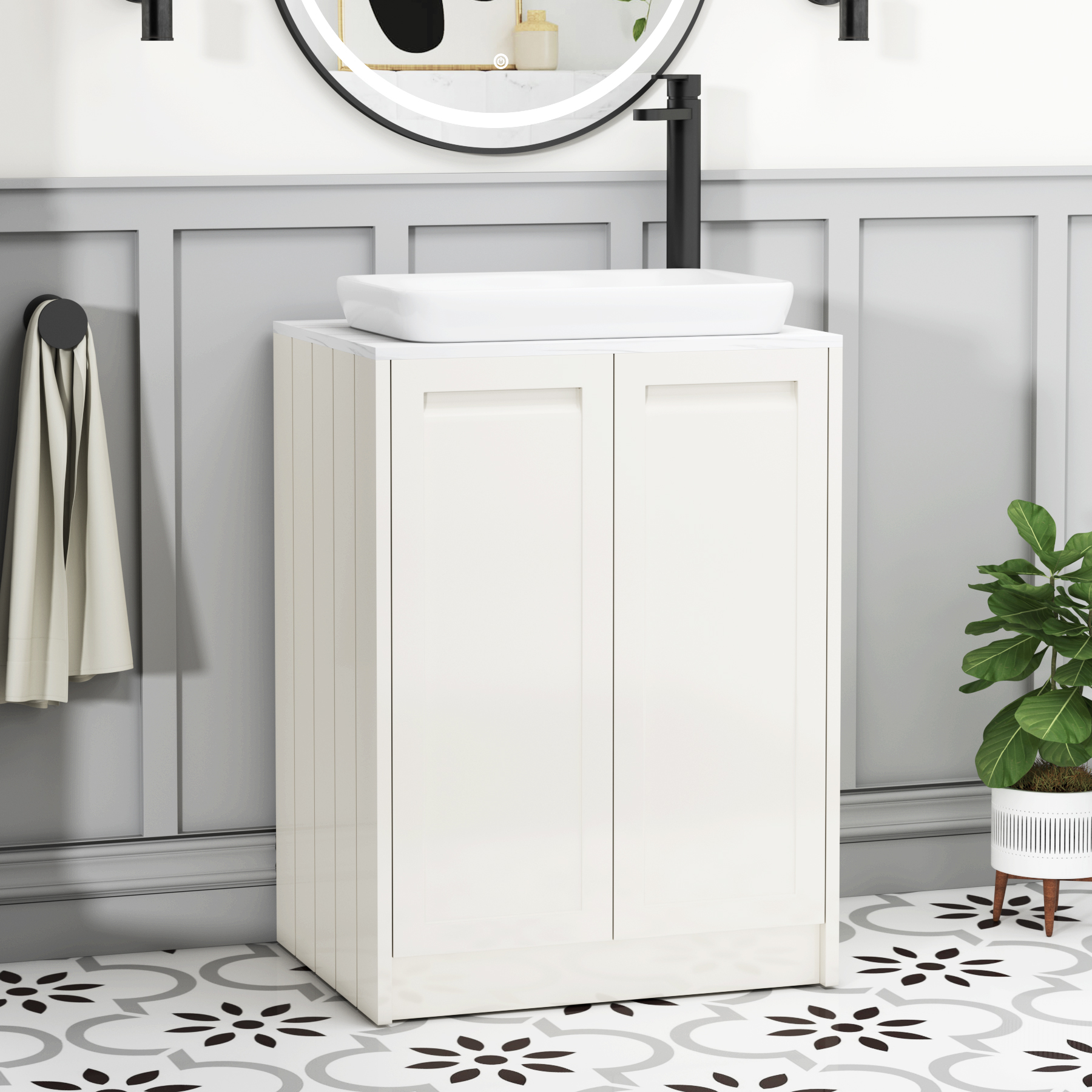 Elmore Classic White 2 Door Floor Standing Vanity Unit with Carrara White Worktop & Various Countertop Basins