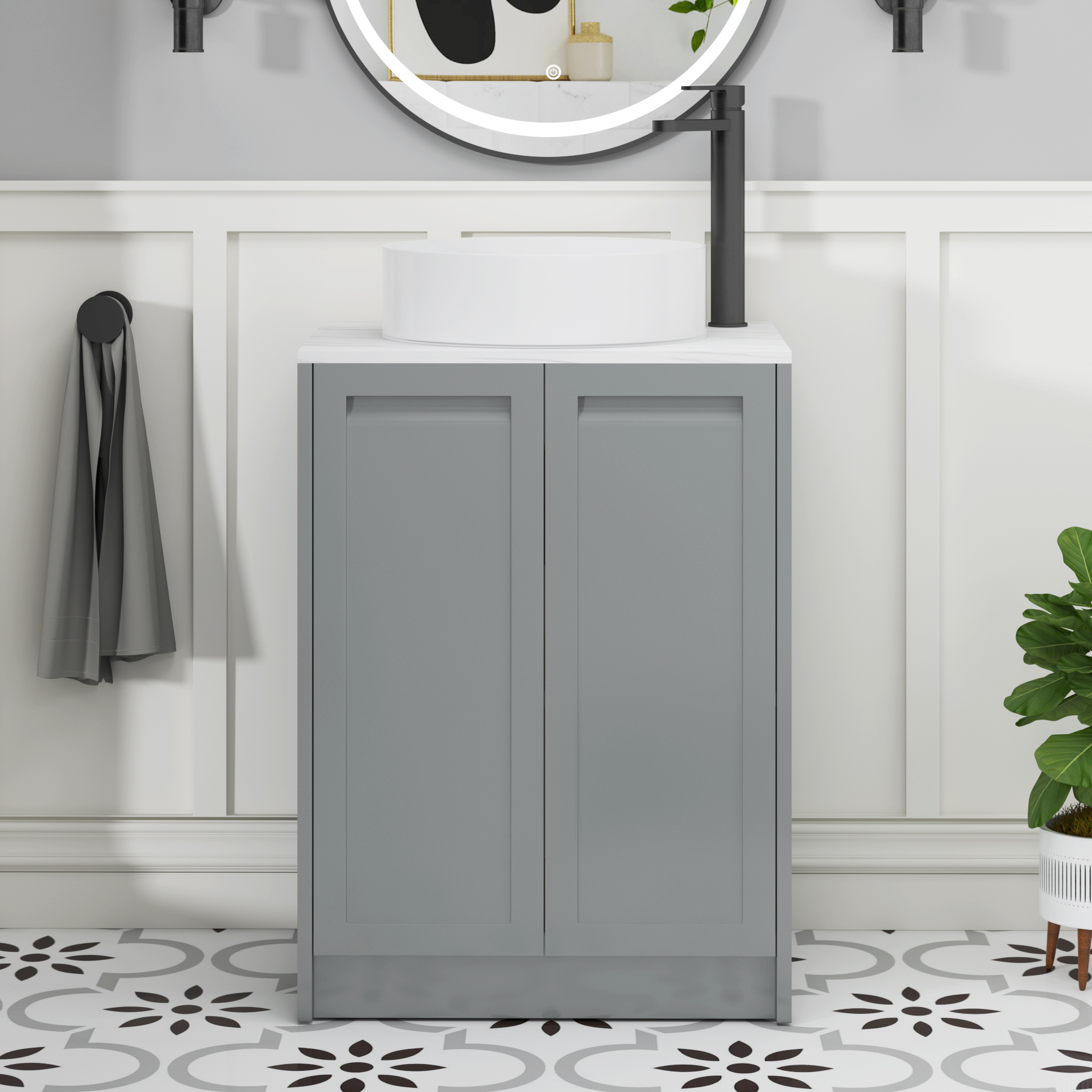 Elmore Matt Pebble Grey 2 Door Floor Standing Vanity Unit with Carrara White Worktop & Various Countertop Basins