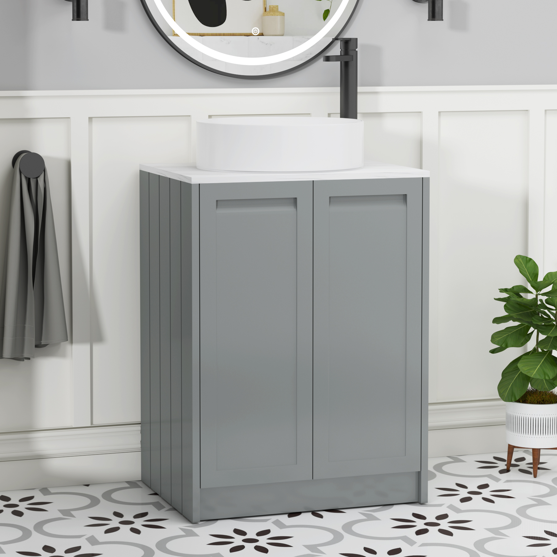 Elmore Matt Pebble Grey 2 Door Floor Standing Vanity Unit with Carrara White Worktop & Various Countertop Basins