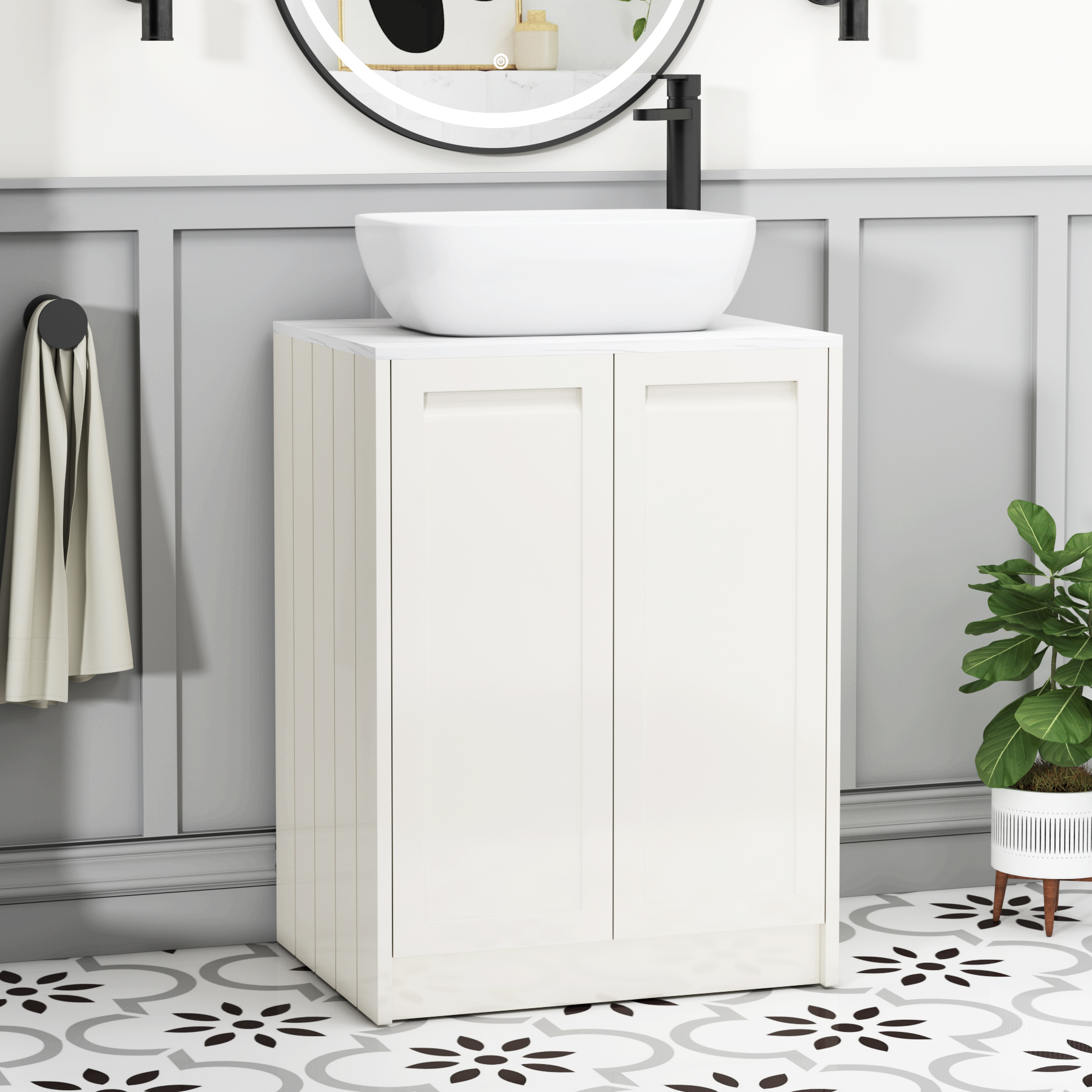 Elmore 600mm Classic White Floor Standing Countertop Vanity Unit 2 Door with Elva Basin