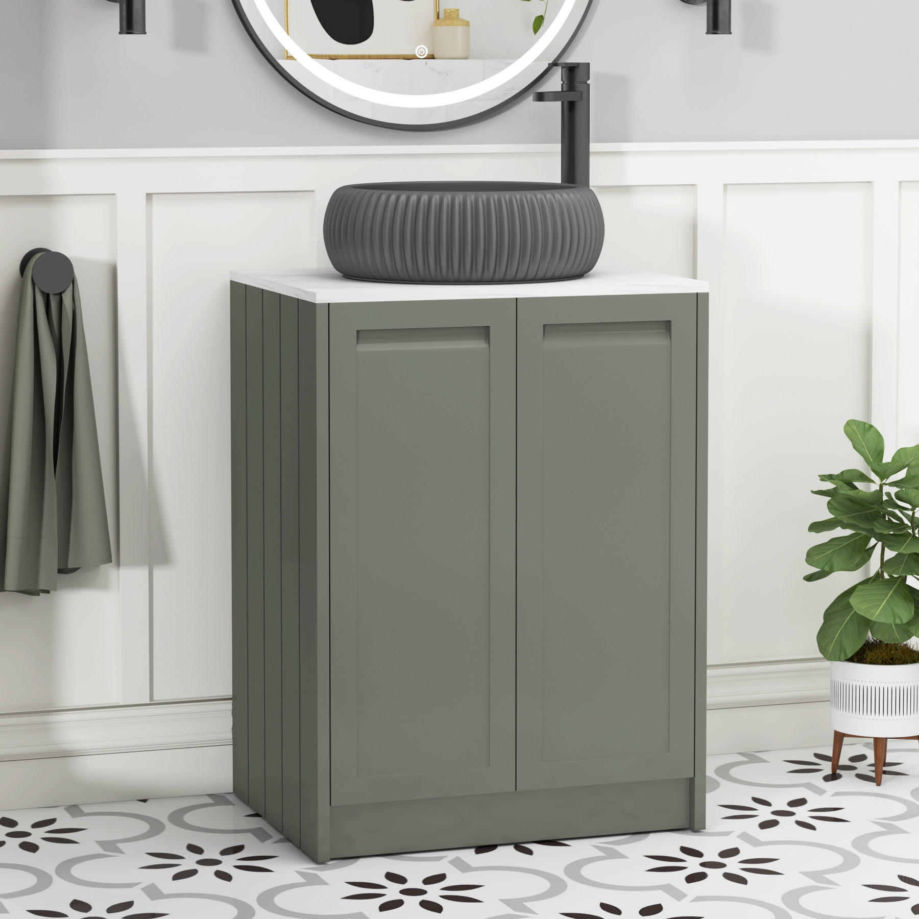 Elmore Matt Green 2 Door Floor Standing Vanity Unit with Carrara White Worktop & Various Countertop Basins