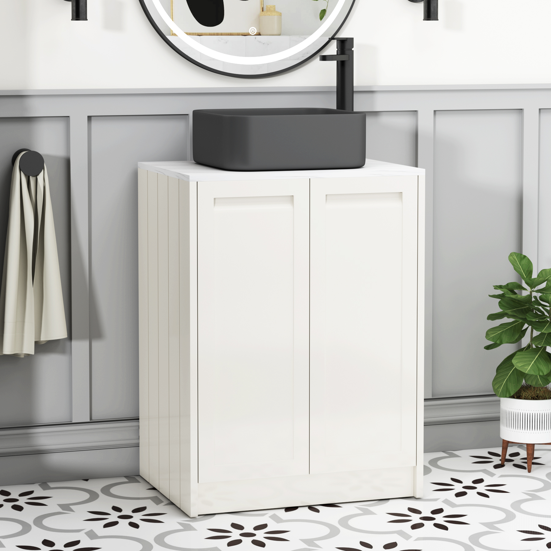 Elmore Classic White 2 Door Floor Standing Vanity Unit with Carrara White Worktop & Various Countertop Basins