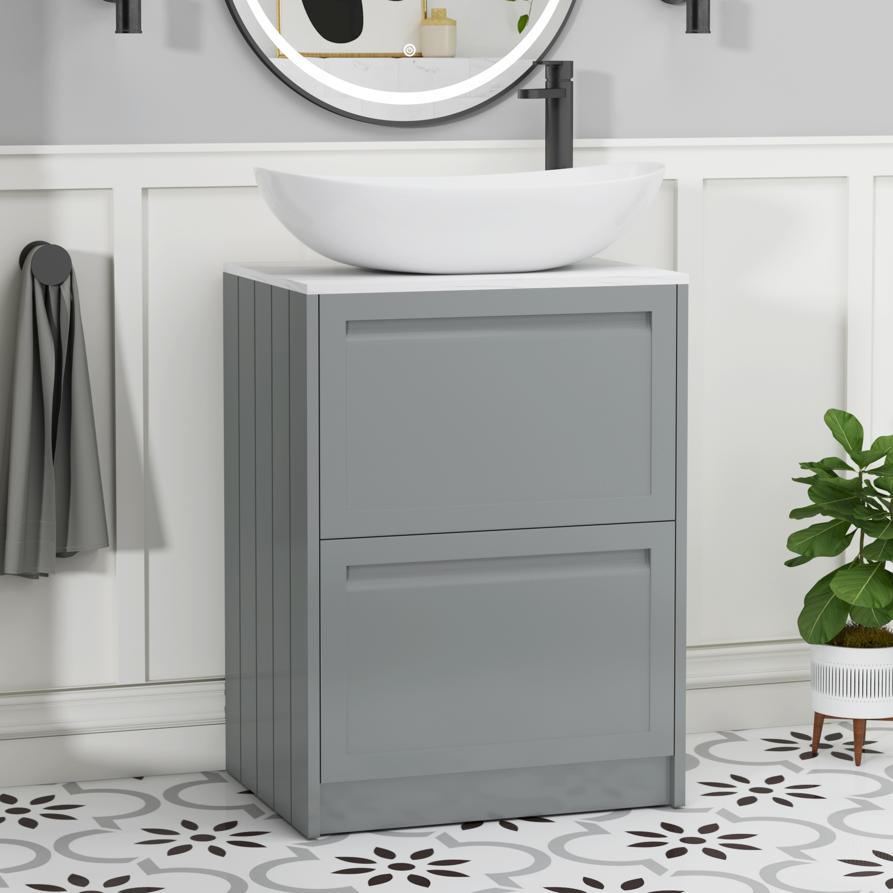Elmore Matt Pebble Grey 2 Drawer Floor Standing Vanity Unit with Carrara White Worktop & Various Countertop Basins