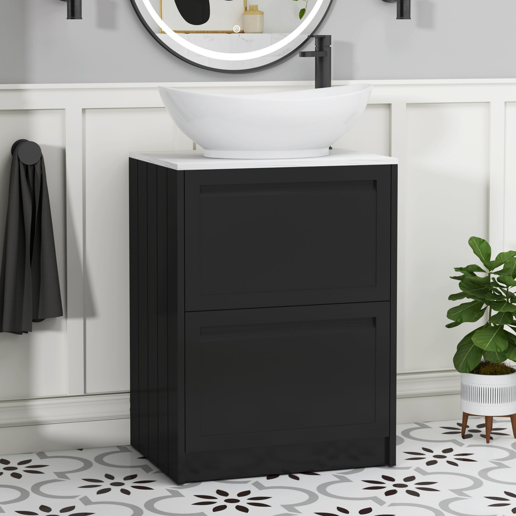 Elmore Matt Nocturne Black 2 Drawer Floor Standing Vanity Unit with Carrara White Worktop & Various Countertop Basins