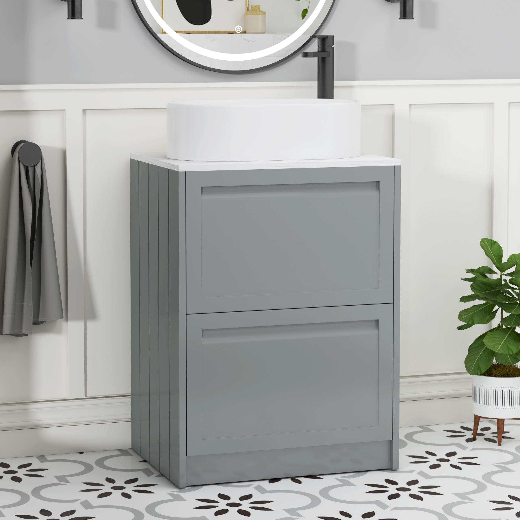 Elmore Matt Pebble Grey 2 Drawer Floor Standing Vanity Unit with Carrara White Worktop & Various Countertop Basins