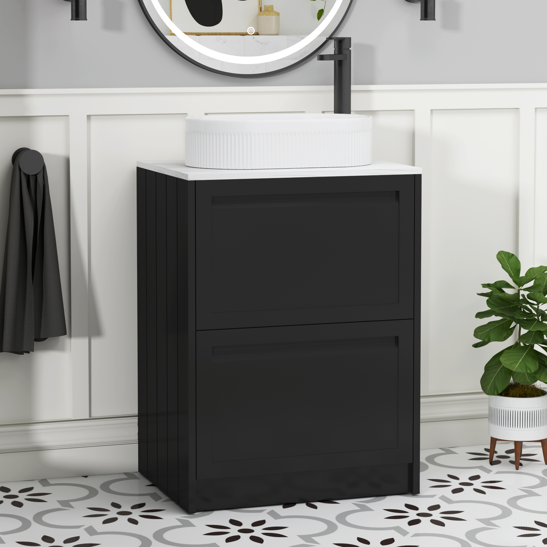 Elmore Matt Nocturne Black 2 Drawer Floor Standing Vanity Unit with Carrara White Worktop & Various Countertop Basins