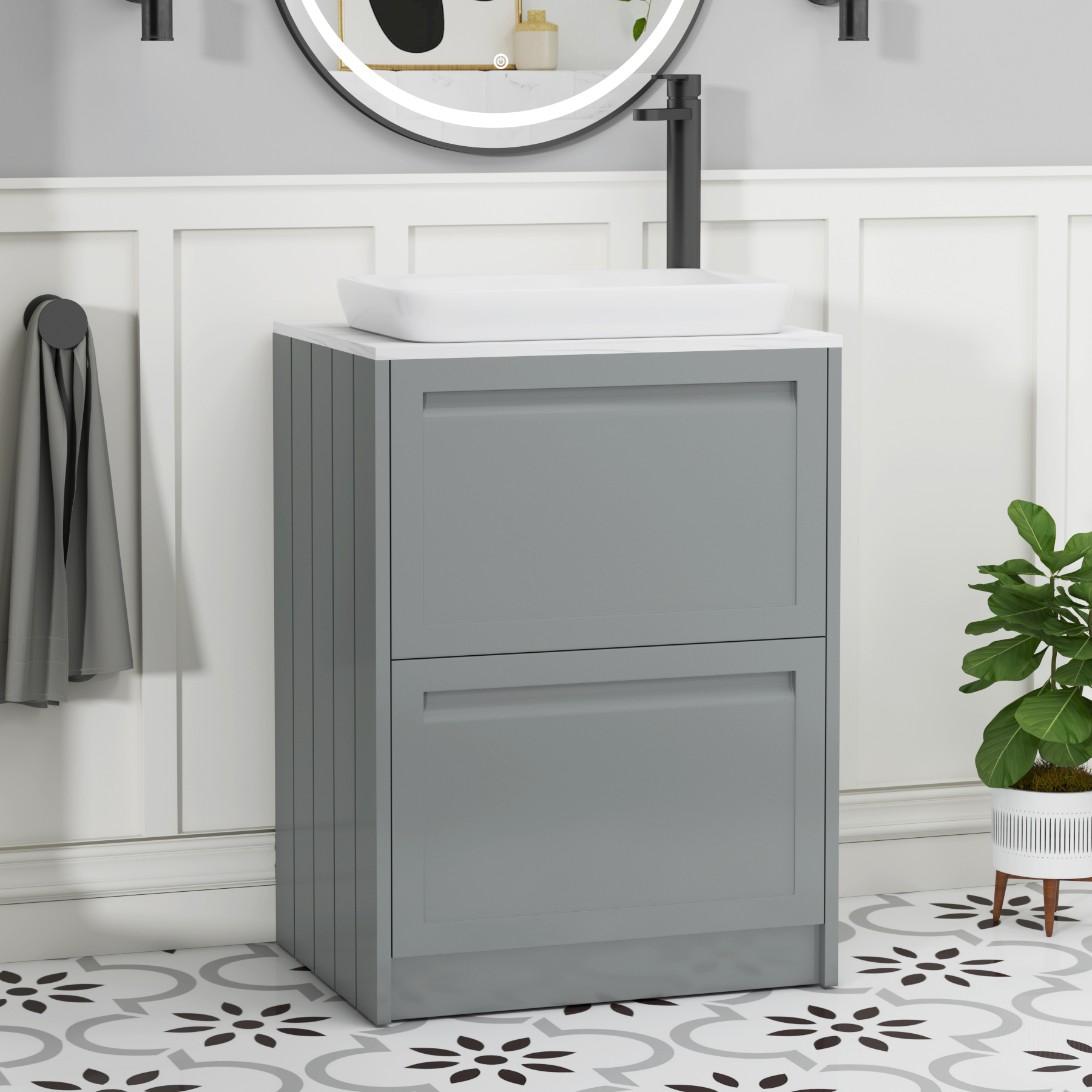 Elmore Matt Pebble Grey 2 Drawer Floor Standing Vanity Unit with Carrara White Worktop & Various Countertop Basins