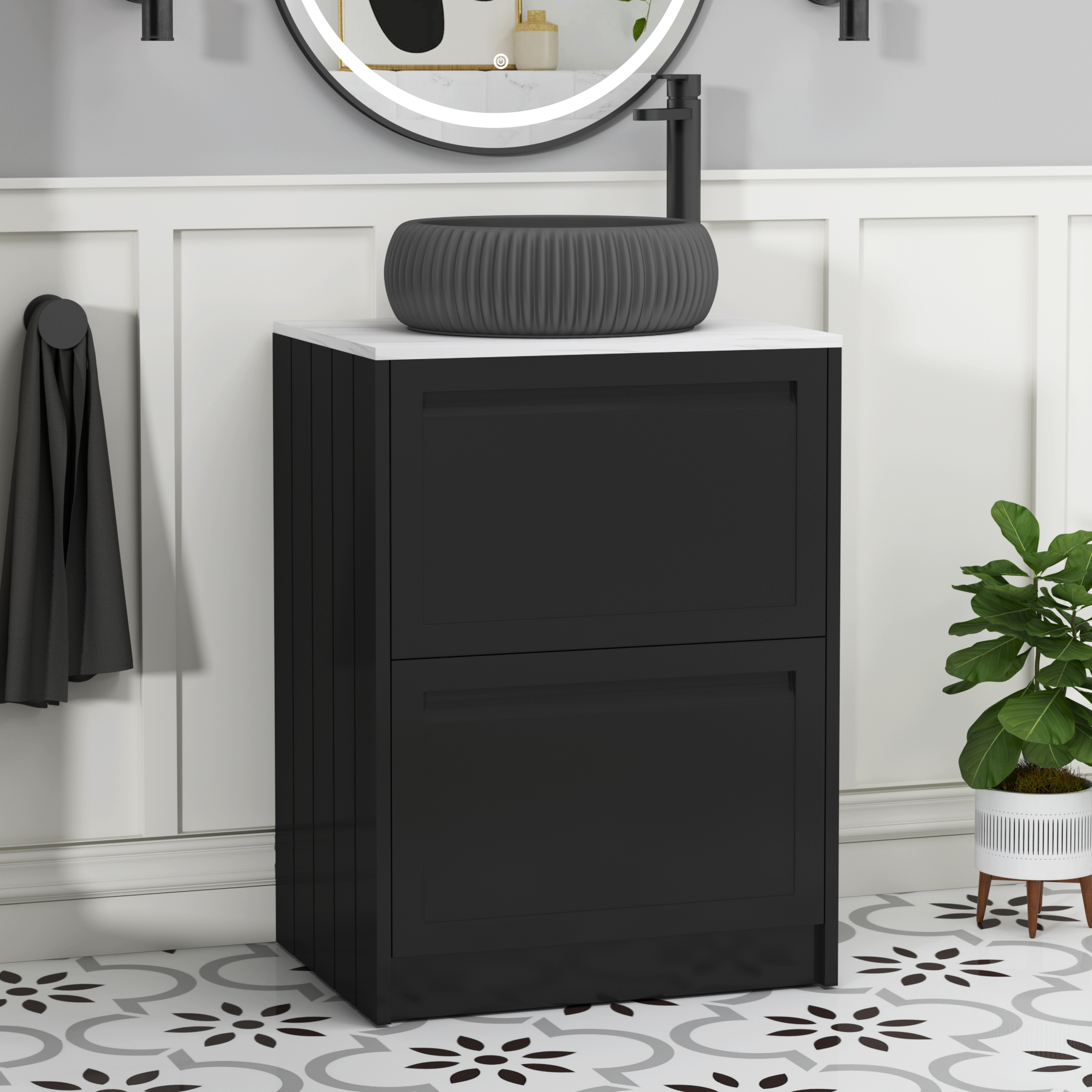 Elmore Matt Nocturne Black 2 Drawer Floor Standing Vanity Unit with Carrara White Worktop & Various Countertop Basins