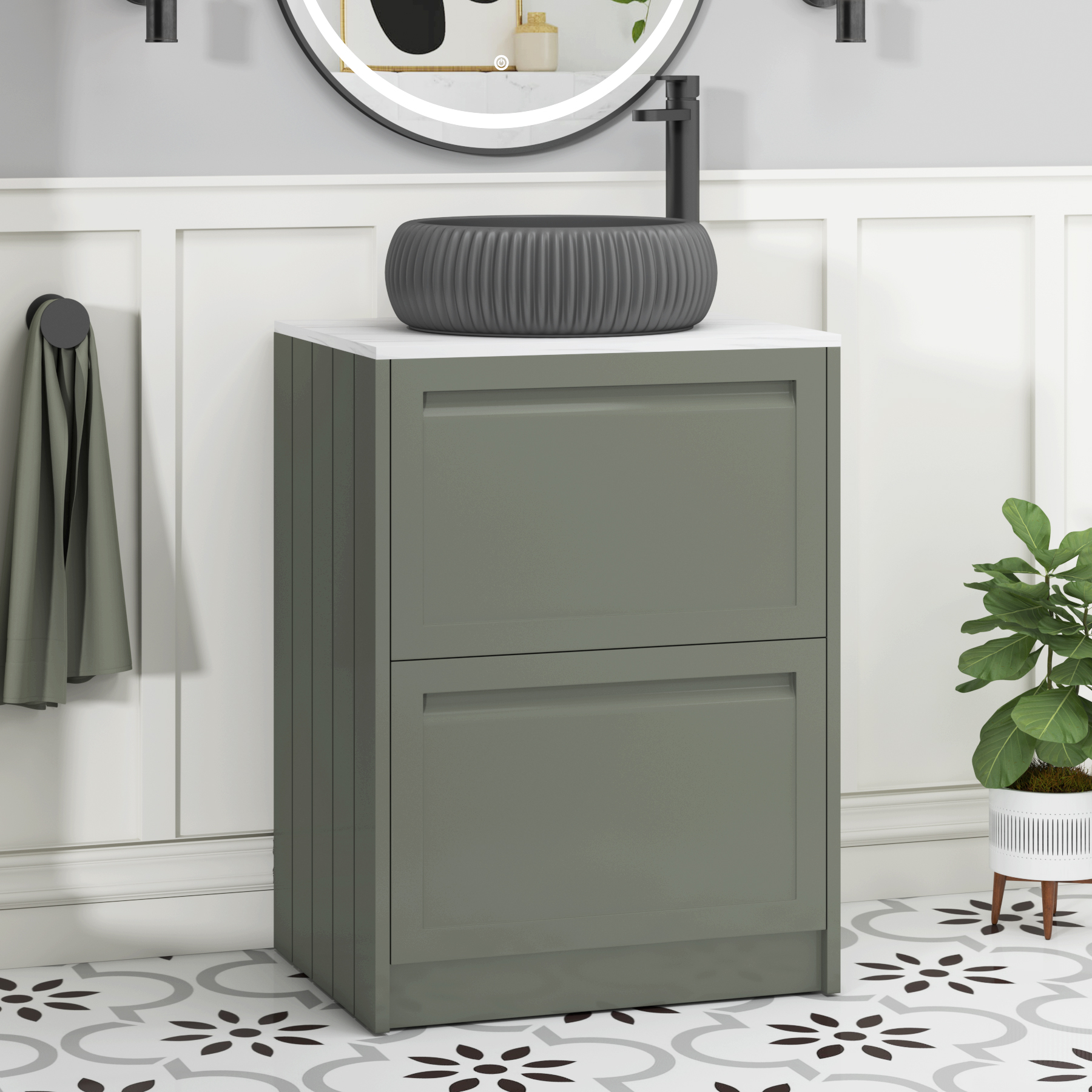 Elmore Matt Green 2 Drawer Floor Standing Vanity Unit with Carrara White Worktop & Various Countertop Basins