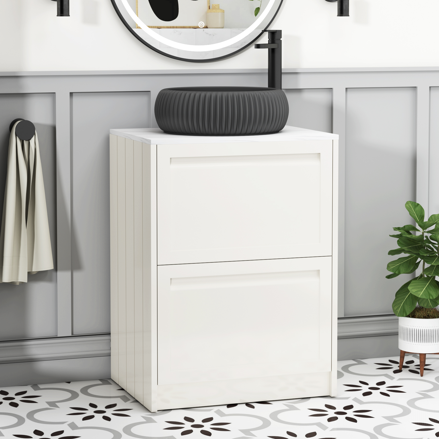Elmore Classic White 2 Drawer Floor Standing Vanity Unit with Carrara White Worktop & Various Countertop Basins