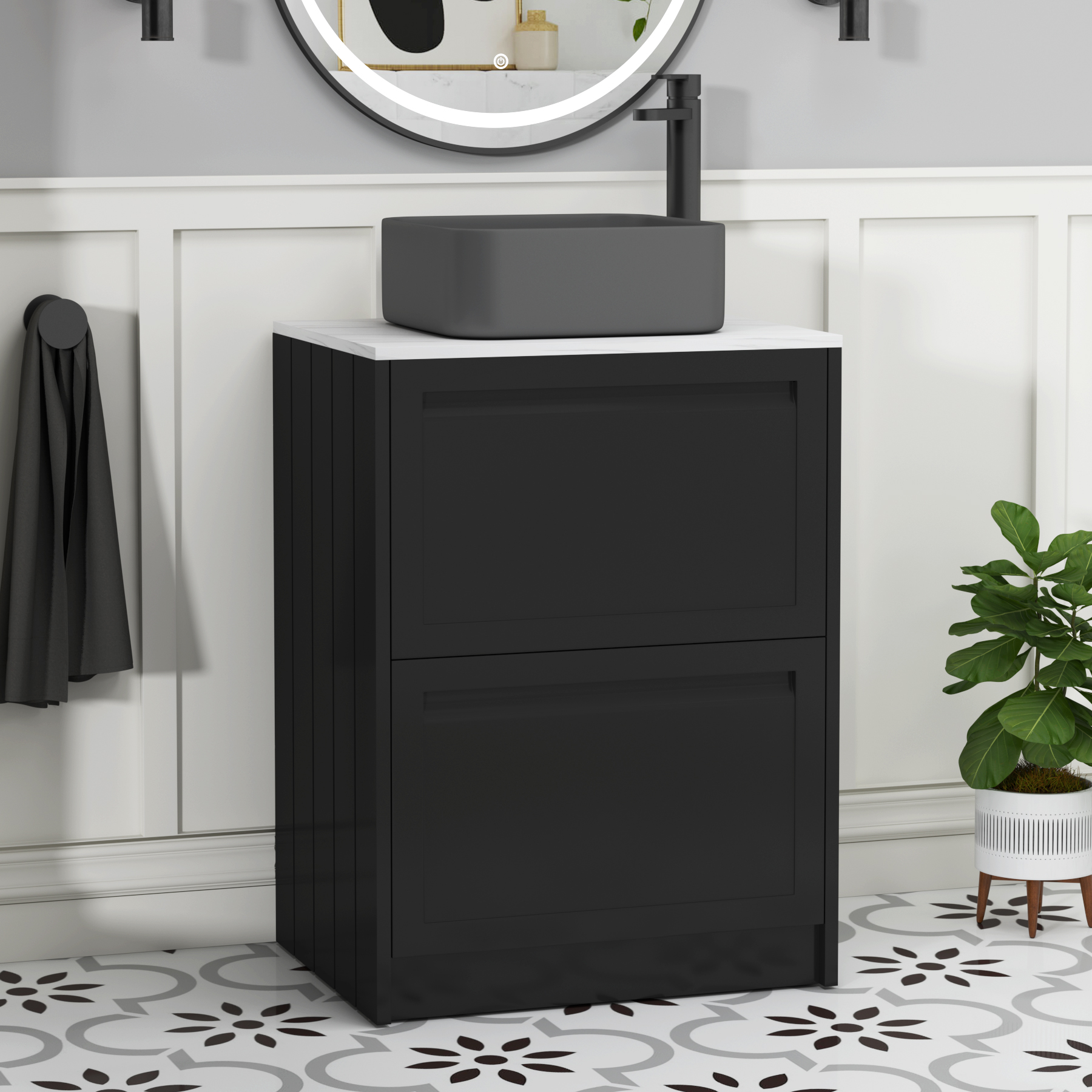 Elmore Matt Nocturne Black 2 Drawer Floor Standing Vanity Unit with Carrara White Worktop & Various Countertop Basins