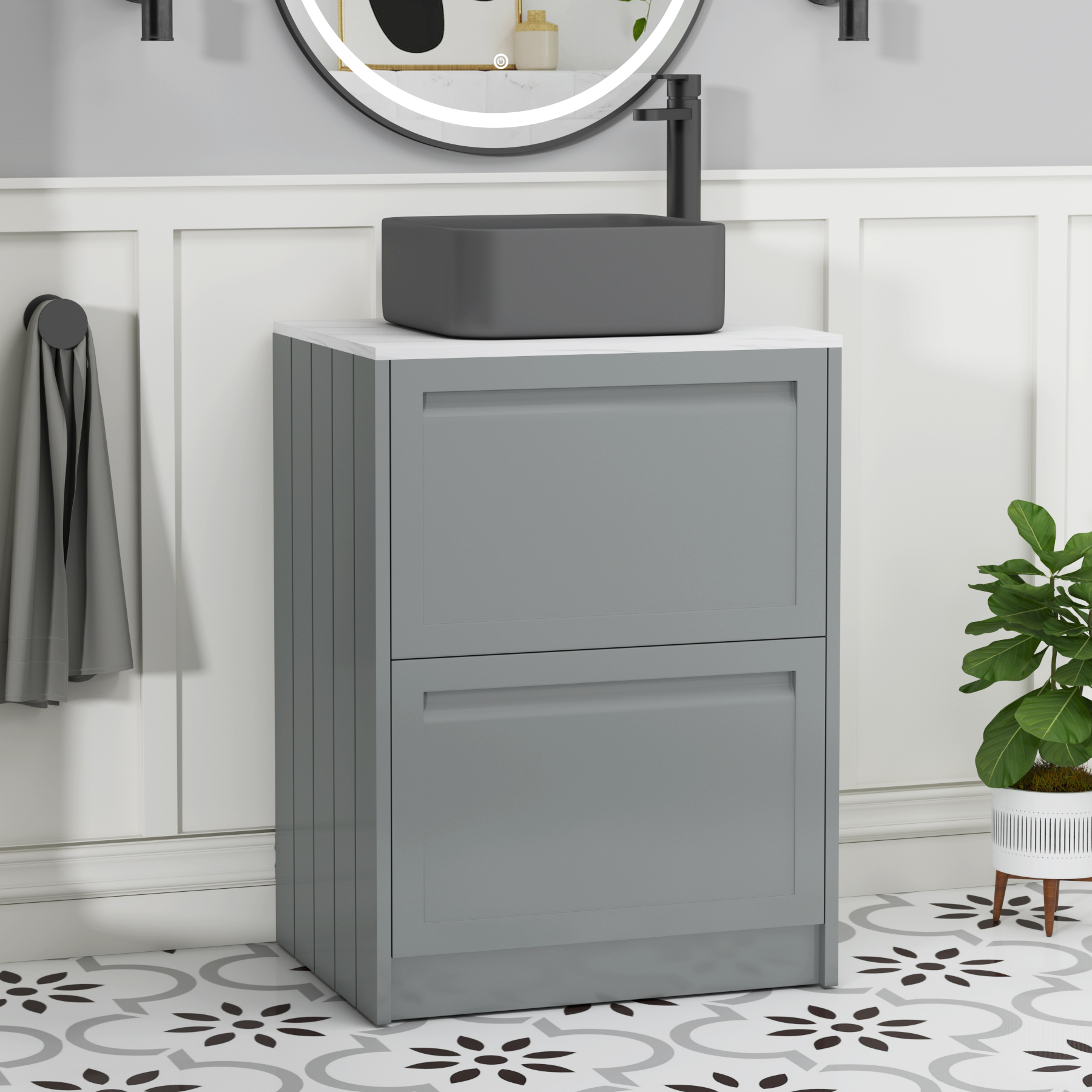Elmore Matt Pebble Grey 2 Drawer Floor Standing Vanity Unit with Carrara White Worktop & Various Countertop Basins