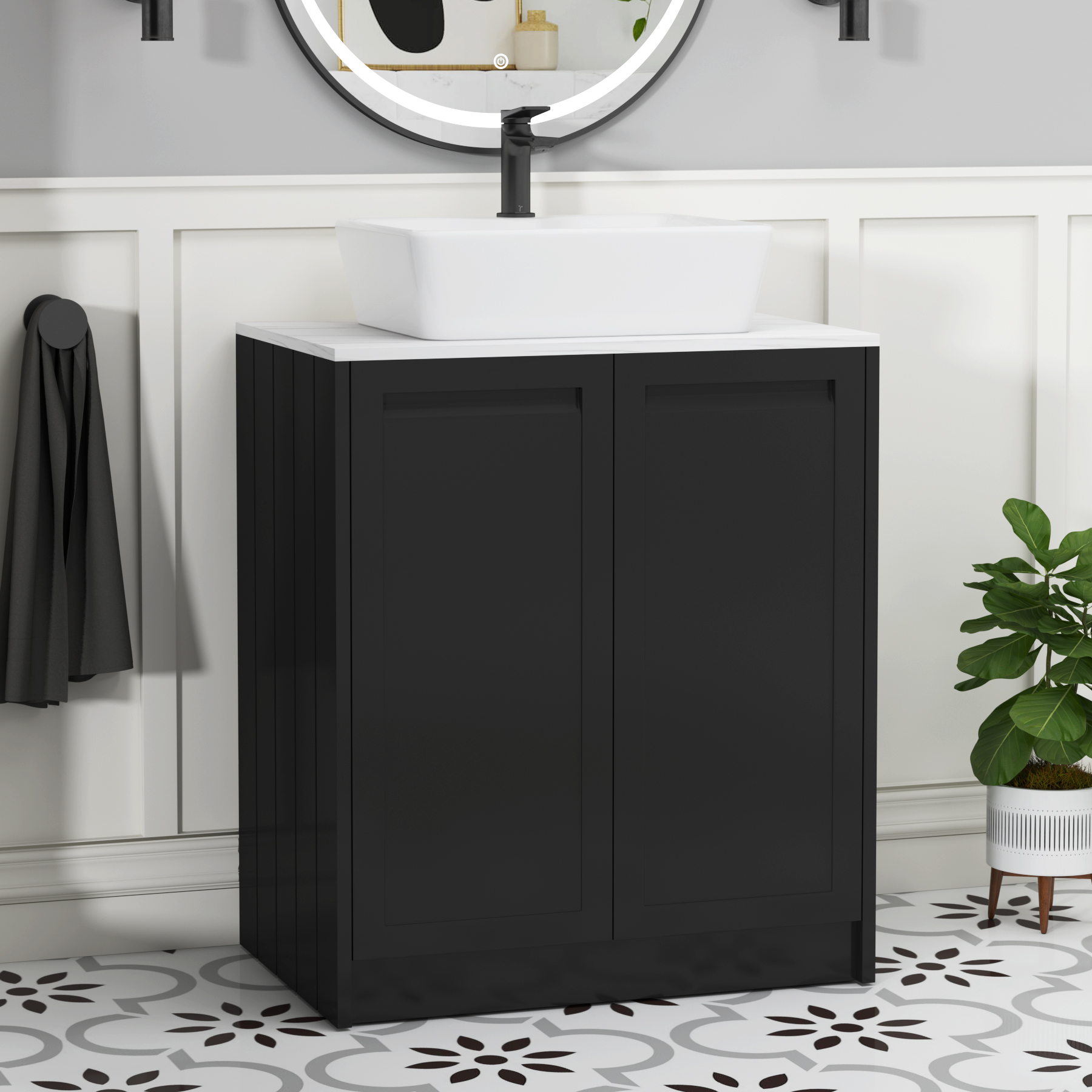 Elmore 700mm Matte Nocturne Black Floor Standing Countertop Vanity Unit 2 Door with Cube Basin