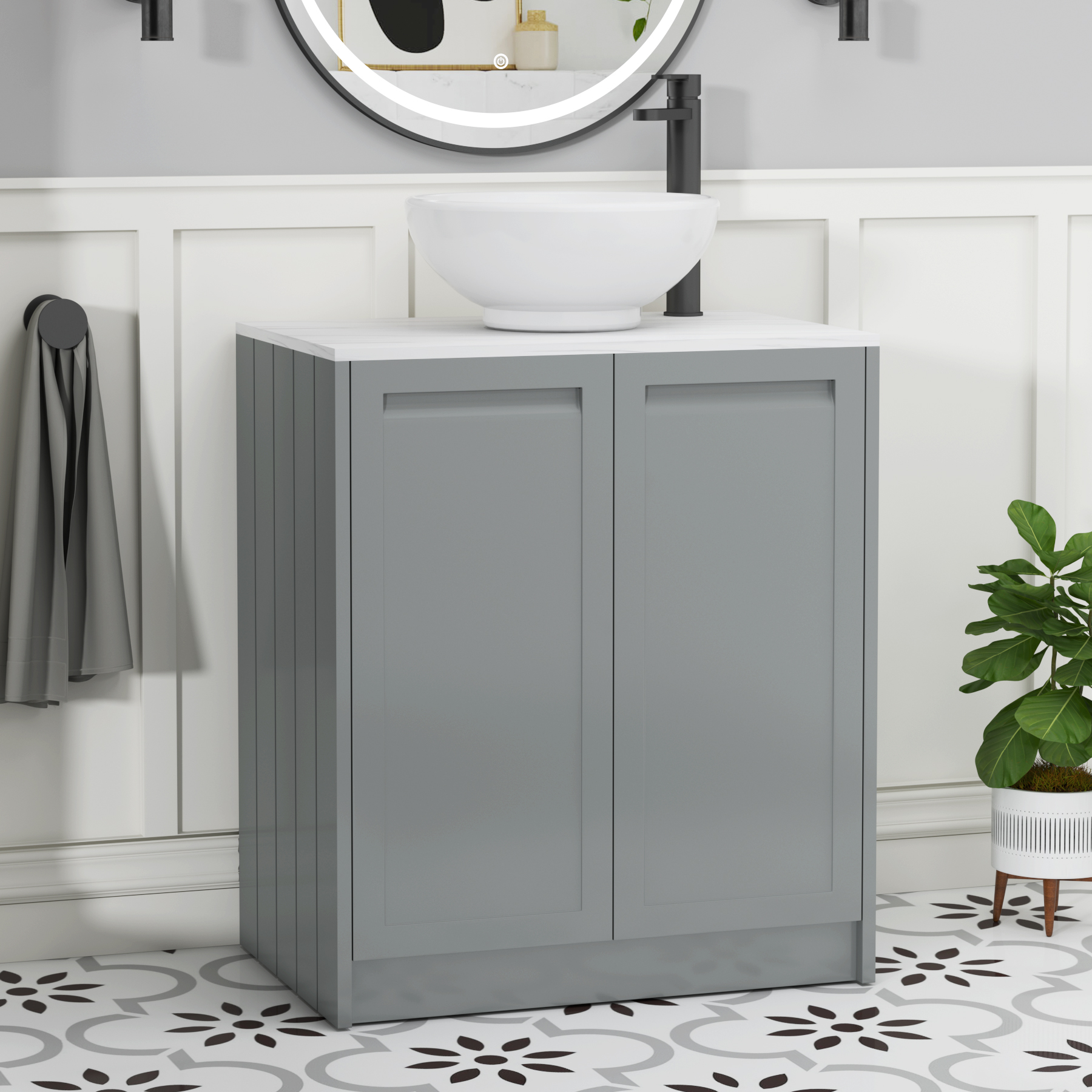 Elmore 700mm Matte Pebble Grey Floor Standing Countertop Vanity Unit 2 Door with Breeze Basin