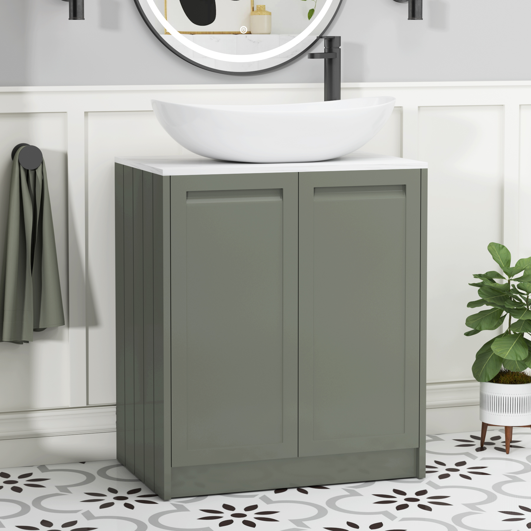 Elmore Matt Green 2 Door Floor Standing Vanity Unit with Carrara White Worktop & Various Countertop Basins