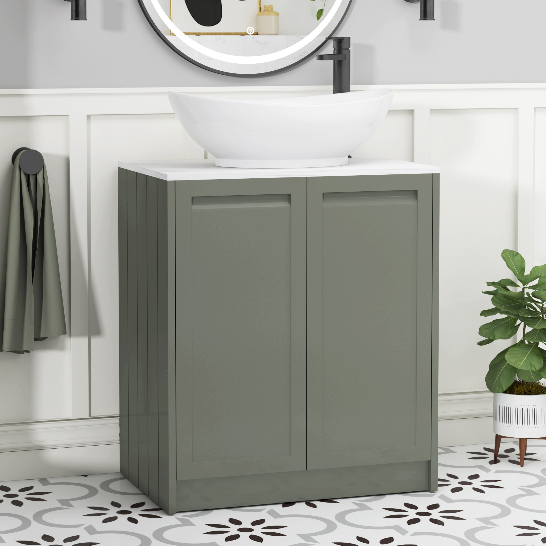 Elmore Matt Green 2 Door Floor Standing Vanity Unit with Carrara White Worktop & Various Countertop Basins